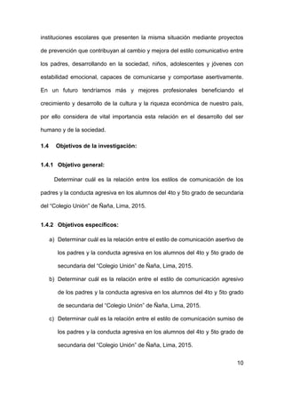 10
instituciones escolares que presenten la misma situación mediante proyectos
de prevención que contribuyan al cambio y mejora del estilo comunicativo entre
los padres, desarrollando en la sociedad, niños, adolescentes y jóvenes con
estabilidad emocional, capaces de comunicarse y comportase asertivamente.
En un futuro tendríamos más y mejores profesionales beneficiando el
crecimiento y desarrollo de la cultura y la riqueza económica de nuestro país,
por ello considera de vital importancia esta relación en el desarrollo del ser
humano y de la sociedad.
1.4 Objetivos de la investigación:
1.4.1 Objetivo general:
Determinar cuál es la relación entre los estilos de comunicación de los
padres y la conducta agresiva en los alumnos del 4to y 5to grado de secundaria
del “Colegio Unión” de Ñaña, Lima, 2015.
1.4.2 Objetivos específicos:
a) Determinar cuál es la relación entre el estilo de comunicación asertivo de
los padres y la conducta agresiva en los alumnos del 4to y 5to grado de
secundaria del “Colegio Unión” de Ñaña, Lima, 2015.
b) Determinar cuál es la relación entre el estilo de comunicación agresivo
de los padres y la conducta agresiva en los alumnos del 4to y 5to grado
de secundaria del “Colegio Unión” de Ñaña, Lima, 2015.
c) Determinar cuál es la relación entre el estilo de comunicación sumiso de
los padres y la conducta agresiva en los alumnos del 4to y 5to grado de
secundaria del “Colegio Unión” de Ñaña, Lima, 2015.
 