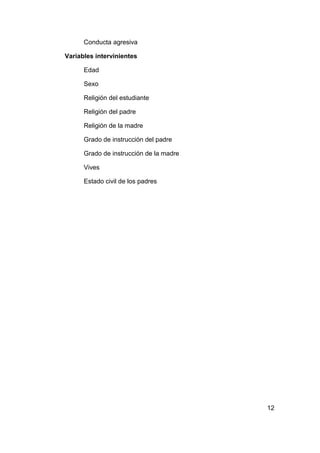12
Conducta agresiva
Variables intervinientes
Edad
Sexo
Religión del estudiante
Religión del padre
Religión de la madre
Grado de instrucción del padre
Grado de instrucción de la madre
Vives
Estado civil de los padres
 