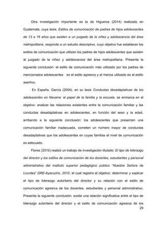 29
Otra investigación importante es la de Higueros (2014) realizado en
Guatemala, cuya tesis: Estilos de comunicación de padres de hijos adolescentes
de 13 a 16 años que asisten a un juzgado de la niñez y adolescencia del área
metropolitana, responde a un estudio descriptivo, cuyo objetivo fue establecer los
estilos de comunicación que utilizan los padres de hijos adolescentes que asisten
al juzgado de la niñez y adolescencia del área metropolitana. Presenta la
siguiente conclusión: el estilo de comunicación más utilizado por los padres de
mencionados adolescentes es el estilo agresivo y el menos utilizado es el estilo
asertivo.
En España, García (2004), en su tesis Conductas desadaptativas de los
adolescentes en Navarra: el papel de la familia y la escuela, se enmarca en el
objetivo: analizar las relaciones existentes entre la comunicación familiar y las
conductas desadaptativas en adolescentes, en función del sexo y la edad,
arribando a la siguiente conclusión: los adolescentes que presentan una
comunicación familiar inadecuada, cometen un número mayor de conductas
desadaptativas que los adolescentes en cuyas familias el nivel de comunicación
es adecuado.
Flores (2010) realizó un trabajo de investigación titulado: El tipo de liderazgo
del director y los estilos de comunicación de los docentes, estudiantes y personal
administrativo del instituto superior pedagógico público “Nuestra Señora de
Lourdes” DRE-Ayacucho, 2010, el cual registra el objetivo: determinar y explicar
el tipo de liderazgo autoritario del director y su relación con el estilo de
comunicación agresiva de los docentes, estudiantes y personal administrativo.
Presenta la siguiente conclusión: existe una relación significativa entre el tipo de
liderazgo autoritario del director y el estilo de comunicación agresiva de los
 