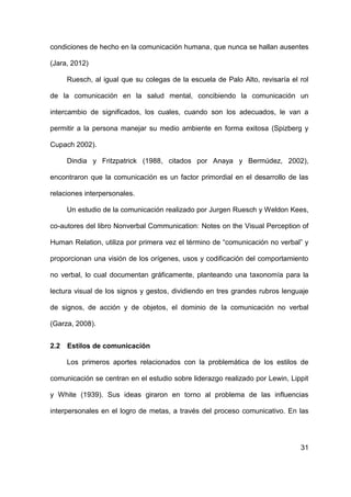 31
condiciones de hecho en la comunicación humana, que nunca se hallan ausentes
(Jara, 2012)
Ruesch, al igual que su colegas de la escuela de Palo Alto, revisaría el rol
de la comunicación en la salud mental, concibiendo la comunicación un
intercambio de significados, los cuales, cuando son los adecuados, le van a
permitir a la persona manejar su medio ambiente en forma exitosa (Spizberg y
Cupach 2002).
Dindia y Fritzpatrick (1988, citados por Anaya y Bermúdez, 2002),
encontraron que la comunicación es un factor primordial en el desarrollo de las
relaciones interpersonales.
Un estudio de la comunicación realizado por Jurgen Ruesch y Weldon Kees,
co-autores del libro Nonverbal Communication: Notes on the Visual Perception of
Human Relation, utiliza por primera vez el término de “comunicación no verbal” y
proporcionan una visión de los orígenes, usos y codificación del comportamiento
no verbal, lo cual documentan gráficamente, planteando una taxonomía para la
lectura visual de los signos y gestos, dividiendo en tres grandes rubros lenguaje
de signos, de acción y de objetos, el dominio de la comunicación no verbal
(Garza, 2008).
2.2 Estilos de comunicación
Los primeros aportes relacionados con la problemática de los estilos de
comunicación se centran en el estudio sobre liderazgo realizado por Lewin, Lippit
y White (1939). Sus ideas giraron en torno al problema de las influencias
interpersonales en el logro de metas, a través del proceso comunicativo. En las
 