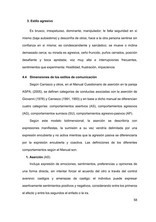 58
3. Estilo agresivo
Es brusco, irrespetuoso, dominante, manipulador; le falta seguridad en sí
mismo (baja autoestima) y desconfía de otros; hace a la otra persona sentirse sin
confianza en sí misma; es condescendiente y sarcástico; se mueve o inclina
demasiado cerca; su mirada es agresiva, ceño fruncido, puños cerrados, posición
desafiante y boca apretada; voz muy alta e interrupciones frecuentes,
sentimientos que experimenta: Hostilidad, frustración, impaciencia
4.4 Dimensiones de los estilos de comunicación
Según Carrasco y otros, en el Manual Cuestionario de aserción en la pareja
ASPA, (2005), se definen categorías de conductas asociadas con la aserción de
Giovanni (1978) y Carrasco (1991, 1993) y en base a dicho manual se diferencian
cuatro categorías: comportamientos asertivos (AS), comportamientos agresivos
(AG), comportamientos sumisos (SU), comportamientos agresivo-pasivos (AP).
Según este modelo bidimensional, la aserción se describiría con
expresiones manifiestas, la sumisión a su vez vendría delimitada por una
expresión encubierta y no activa mientras que la agresión pasiva se diferenciaría
por la expresión encubierta y coactiva. Las definiciones de los diferentes
comportamientos según el Manual son:
1. Aserción (AS)
Incluye expresión de emociones, sentimientos, preferencias u opiniones de
una forma directa, sin intentar forzar el acuerdo del otro a través del control
aversivo: castigos y amenazas de castigo; el individuo puede expresar
asertivamente sentimientos positivos y negativos, considerando entre los primeros
el afecto y entre los segundos el enfado o la ira.
 