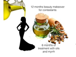 12 months beauty makeover
for contestants
6 months of
treatment with oils
and myrrh
 