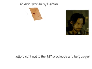 an edict written by Haman
letters sent out to the 127 provinces and languages
 