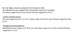 Dr. E. B. Clark, a dentist, produced the first data in 1931.
He indicated the Hue ranged from 6 YR (yellow-red) to 9.3 Y (yellow).
The Value ranged from 4 to 8, and the Chroma ranged from 0 to 7.
Lemire and Burk found:
The Hue range from 8.9 Y to 3.3 Y, a Value range of 5.8 to 8, and a Chroma range from 0.8
to 3.4
Goodkind and Schwabacher:
Identified the Hue range as 4.5 YR to 2.6 Y, the Value range as 5.7 to 8.5, and the Chroma
range from 1.1 to 5.
 