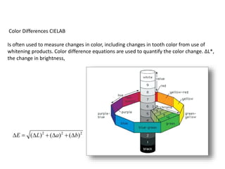 Color Differences CIELAB
Is often used to measure changes in color, including changes in tooth color from use of
whitening products. Color difference equations are used to quantify the color change. ΔL*,
the change in brightness,
 