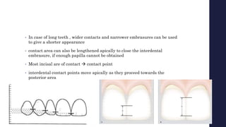 • In case of long teeth , wider contacts and narrower embrasures can be used
to give a shorter appearance
• contact area can also be lengthened apically to close the interdental
embrasure, if enough papilla cannot be obtained
• Most incisal are of contact  contact point
• interdental contact points move apically as they proceed towards the
posterior area
 