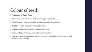 Colour of teeth
• Perception of Tooth Color
• Influenced by tooth shape and morphologic placement.
• Considerable variation in color across the entire dental arch.
• Brightest teeth: maxillary central incisors.
• Lateral incisors: similar hue, lower color value.
• Canines: highest chroma saturation, lowest value.
• First and second premolars: similar to lateral incisors in value, lighter and
brighter than canines
 