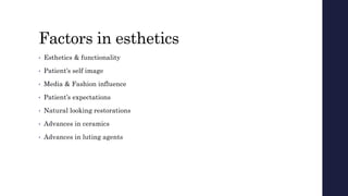 Factors in esthetics
• Esthetics & functionality
• Patient’s self image
• Media & Fashion influence
• Patient’s expectations
• Natural looking restorations
• Advances in ceramics
• Advances in luting agents
 