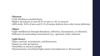 •Observer:
•Color blindness considerations.
•Higher prevalence in men (9.3% in men vs. 0% in women).
•ADA study: 9.8% of men and 0.1% of women dentists have color vision deficiency
•Object:
•Light modification through absorption, reflection, transmission, or refraction.
•Influence of surrounding environment (e.g., operatory walls, cabinets).
•Light Source:
•Types: natural, incandescent, and fluorescent.
•Impact on color perception.
•Variability in natural sunlight.
•Characteristics of artificial light sources (incandescent vs. fluorescent).
 