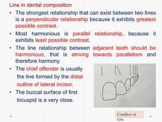Line in dental composition
• The strongest relationship that can exist between two lines
is a perpendicular relationship because it exhibits greatest
possible contrast.
• Most harmonious is parallel relationship, because it
exhibits least possible contrast.
• The line relationship between adjacent teeth should be
harmonious, that is striving towards parallelism and
therefore harmony.
• The chief offender is usually
the line formed by the distal
outline of lateral incisor.
• The buccal surface of first
bicuspid is a very close.
Conflict of
line
 