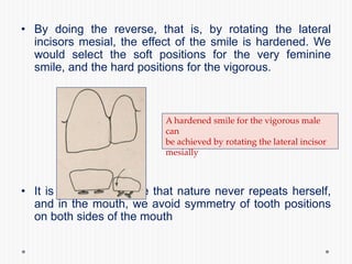 • By doing the reverse, that is, by rotating the lateral
incisors mesial, the effect of the smile is hardened. We
would select the soft positions for the very feminine
smile, and the hard positions for the vigorous.
• It is important to note that nature never repeats herself,
and in the mouth, we avoid symmetry of tooth positions
on both sides of the mouth
A hardened smile for the vigorous male
can
be achieved by rotating the lateral incisor
mesially
 