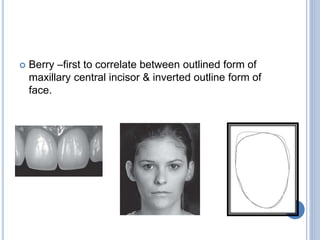  Berry –first to correlate between outlined form of
maxillary central incisor & inverted outline form of
face.
 