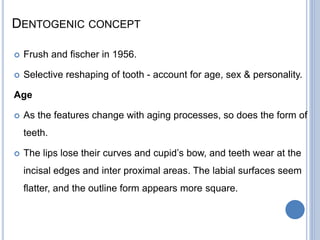 DENTOGENIC CONCEPT
 Frush and fischer in 1956.
 Selective reshaping of tooth - account for age, sex & personality.
Age
 As the features change with aging processes, so does the form of
teeth.
 The lips lose their curves and cupid’s bow, and teeth wear at the
incisal edges and inter proximal areas. The labial surfaces seem
flatter, and the outline form appears more square.
 