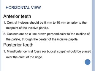 HORIZONTAL VIEW
Anterior teeth
1. Central incisors should be 8 mm to 10 mm anterior to the
midpoint of the incisive papilla.
2. Canines are on a line drawn perpendicular to the midline of
the palate, through the center of the incisive papilla.
Posterior teeth
1. Mandibular central fossa (or buccal cusps) should be placed
over the crest of the ridge.
 