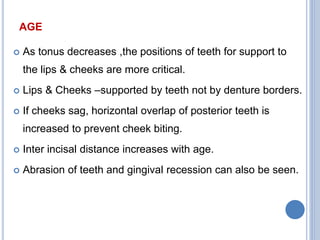 AGE
 As tonus decreases ,the positions of teeth for support to
the lips & cheeks are more critical.
 Lips & Cheeks –supported by teeth not by denture borders.
 If cheeks sag, horizontal overlap of posterior teeth is
increased to prevent cheek biting.
 Inter incisal distance increases with age.
 Abrasion of teeth and gingival recession can also be seen.
 