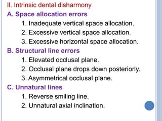 Il. Intrinsic dental disharmony
A. Space allocation errors
1. Inadequate vertical space allocation.
2. Excessive vertical space allocation.
3. Excessive horizontal space allocation.
B. Structural line errors
1. Elevated occlusal plane.
2. Occlusal plane drops down posteriorly.
3. Asymmetrical occlusal plane.
C. Unnatural lines
1. Reverse smiling line.
2. Unnatural axial inclination.
 