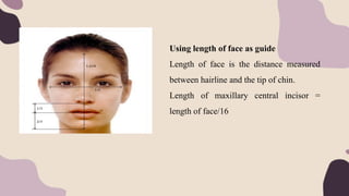 Using length of face as guide
Length of face is the distance measured
between hairline and the tip of chin.
Length of maxillary central incisor =
length of face/16
 
