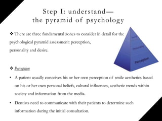 Step I: understand—
the pyramid of psychology
 There are three fundamental zones to consider in detail for the
psychological pyramid assessment: perception,
personality and desire.
 Perception
• A patient usually conceives his or her own perception of smile aesthetics based
on his or her own personal beliefs, cultural influences, aesthetic trends within
society and information from the media.
• Dentists need to communicate with their patients to determine such
information during the initial consultation.
 