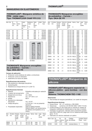 THOMAFLUID®- Manguera sintética de
FPM - doble capa -
Tipo: THOMAFLUOR CHAP FFX 515
Núm. Cat. Ø- Ø- Presión Resistencia Radio Unidad Precio
interno externo de al vacío de m Euro
mm mm operación a flexión
a 20 °C 20 °C mm
bar %
42156 25 37 10 60 180 1 279,00
42157 25 37 10 60 180 3 727,00
42158 32 44 10 60 250 1 325,00
42159 32 44 10 60 250 3 839,00
42162 50 64 10 50 400 1 458,00
42163 50 64 10 50 400 3 1194,00
THOMASAFE Mangueras encogibles
de poliolefina – Carrete –
Tipo: DKA-DE FR
Campos de aplicación:
• Protección contra dobleces de cables y conductores
• Protección contra la intemperie
• Aislamiento de mazos de cables
Especificaciones del producto:
• Alta resistencia a descargas disruptivas
• Autoextinguible
• Resistencia al choque térmico (4 h a 220 °C)
Especificaciones técnicas:
• Material: Poliolefina reticulada por radiación
• Longitud del encogimiento: -15%
• Alargamiento de rotura: min. 200%
• Resistencia: min. 1012 Ohm x cm
• Voltaje: 600 V
• Resistencia a descargas
disruptivas: min. 19,7kV
• Voltaje disruptivo: a 2,5 kV por 1 min sin presentar
alteración
• Propiedades especiales: 339410-339422 flexibles
339423-339427 con recubrimiento
de adhesivo termoplástico en su
interior
Núm. Ø-interno Tempera- Factor de Intervalo Norma Color Largo Precio
Cat. mm tura de encogi- de de Euro
encogi- miento tempe- carrete
miento ratura m
°C °C
339536 1,2 90 2:1 -55/+125 MIL negro 10 32,00
339537 1,6 90 2:1 -55/+125 MIL negro 10 32,00
THOMASAFE Mangueras encogibles
de poliolefina – Carrete –
Tipo: DKA-DE FR
Núm. Ø-interno Tempera- Factor de Intervalo Norma Color Largo Precio
Cat. mm tura de encogi- de de Euro
encogi- miento tempe- carrete
miento ratura m
°C °C
339538 2,4 90 2:1 -55/+125 MIL negro 10 32,00
339539 3,2 90 2:1 -55/+125 MIL negro 10 32,00
339540 4,0 90 2:1 -55/+125 MIL negro 10 32,00
339541 4,8 90 2:1 -55/+125 MIL negro 9 32,00
339542 6,4 90 2:1 -55/+125 MIL negro 8 32,00
339543 8,0 90 2:1 -55/+125 MIL negro 7 32,00
339544 9,5 90 2:1 -55/+125 MIL negro 6 32,00
339545 12,7 90 2:1 -55/+125 MIL negro 6 32,00
339546 16,0 90 2:1 -55/+125 MIL negro 5 32,00
339547 19,1 90 2:1 -55/+125 MIL negro 5 32,00
339548 25,4 90 2:1 -55/+125 MIL negro 3 32,00
339549 3,0 120 3:1 -55/+105 MIL/UL negro 5 52,00
339550 4,5 120 3:1 -55/+105 MIL/UL negro 4 52,00
339551 6,0 120 3:1 -55/+105 MIL/UL negro 3,5 52,00
339552 9,0 120 3:1 -55/+105 MIL/UL negro 3 52,00
339553 12,0 120 3:1 -55/+105 MIL/UL negro 2,5 52,00
339554 3,2 90 2:1 -55/+135 MIL/UL amarillo/ 5 44,00
verde
339555 4,8 90 2:1 -55/+135 MIL/UL amarillo/ 5 44,00
verde
339556 6,4 90 2:1 -55/+135 MIL/UL amarillo/ 3,5 44,00
verde
339557 9,5 90 2:1 -55/+135 MIL/UL amarillo/ 3 44,00
verde
339558 12,7 90 2:1 -55/+135 MIL/UL amarillo/ 3 44,00
verde
339559 19,1 90 2:1 -55/+135 MIL/UL amarillo/ 2 44,00
verde
339560 25,4 90 2:1 -55/+135 MIL/UL amarillo/ 1,5 44,00
verde
THOMAFLUID®-Mangueras de
silicona
THOMAFLUID®-Manguera especial de
silicona-platino - para bombas - con dos
topes
Sistema: THOMACHEM-TEC-1160
Observación
• Para bombas de manguera (peristálticas ) con casete de manguera.
Especificaciones técnicas:
• Dureza Shore: 50° ± 3° conforme a DIN 53505
• Tolerancias: conforme a E2 DIN ISO 3302-1 (DIN 7715 E2)
• Confeccionada con dos topes para su soporte en casetes de
manguera; codificada en colores para su uso claro y correcto.
• Orientada a la aplicación, diámetro interno finamente ajustado
entre 0,64 y 3,00 mm; Largo total: 40 cm; Distancia entre topes:
aprox. 15 cm.
• Fabricada con silicona catalizada con platino
Núm. Cat. Ø- Ø- Ø- Código Unidad Precio
interno externo Pared de colores Pieza Euro
mm mm mm
43758 0,64 2,44 0,90 naranja-blanco 3 102,00
8
MANGUERAS EN ELASTÓMEROS
THOMAFLUID®
42 156 33 9536
 