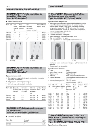 102
MANGUERAS EN ELASTÓMEROS
THOMAFLUID®
THOMAPLAST®-Pistola neumática de
seguridad „Standard“
Tipo: RCT®-BlowTec®
• Presión máxima: 16 bar
Núm. Cat. Con Para Para Unidad Precio
rosca mangueras enchufes Pieza Euro
interna (DI) mm de acople
G anchura nominal
330300 1/4“ – – 1 65,00
330301 – 6 – 1 70,00
330302 – 9 – 1 70,00
330303 – – 7,2 1 70,00
330304 – – 5 1 70,00
THOMAPLAST®-Pistola neumática de
seguridad „Multi“
Tipo: RCT®-BlowTec®
Equipamiento especial:
• Con regulación de presión de ajuste continuo (sin niveles de
regulación escalonados)
• Integrada con conexión para manguera
• Intervalo de presión ajustable a voluntad
Núm. Cat. Conexión Conexión Intervalo Unidad Precio
de manguera de manguera de presión Pieza Euro
D.I. mm D.E. mm ajustable
bar
330305 4,0 6,0 0,2 - 16 1 80,00
330306 5,0 8,0 0,2 - 16 1 85,00
330307 6,0 8,0 0,2 - 16 1 90,00
THOMAFLUID®-Tubo de prolongación
de evacuación
Tipo: RCT®-BlowTec® (accesorio)
• Con punta de caucho
Núm. Cat. Unidad Precio
Pieza Euro
330308 1 12,00
THOMAFLUID®- Manguera de PUR de
doble capa, para alta presión
Tipo: THOMAPLAST®-CHAP 99194
Especificaciones del producto:
• Manguera hidráulica de alta presión para líquidos hidráulicos
poco inflamables en base de ésteres de fosfato, líquidos en
base de aceite mineral y base glicol, lubricantes minerales,
refrigerantes, agua hasta +70 °C, colorantes, diversos sol-
ventes, combustibles, dióxido de carbono, aire comprimido,
freones, nitrógeno, gas natural, etc.
• Alta resistencia mecánica
• Excelente resistencia al desgaste
• Buena resistencia al envejecimiento y al ozono
• Baja permeabilidad a los gases
• A su capa externa se le atribuye buena resistencia a la
intemperie, buena resistencia al choque y óptima resistencia al
desgaste.
• Resistente a la luz ultravioleta
Especificaciones técnicas:
• Color: negro
• Anima (Capa interna): PUR (poliuretano)
• Capa externa: PE (polietileno)
• Refuerzo: doble trenzado de fibra sintética
• Presión de estalle: cuatro veces la presión dinámica de
operación
• Intervalo de temperatura: -55 °C a +95 °C,
por corto tiempo: +120 °C
Núm. DN Ø- Ø- Presión Radio Unidad Precio
Cat. mm interno externo dinámica de m Euro
plg mm de flexión
operación mm
bar
13101 4 3/16 10,8 207 20 3 108,00
13102 4 3/16 10,8 207 20 5 167,00
13103 6 1/4 13,1 190 32 3 118,00
13104 6 1/4 13,1 190 32 5 179,00
13105 8 5/16 15,0 172 45 3 128,00
13106 8 5/16 15,0 172 45 5 197,00
13107 10 3/8 16,9 155 51 3 144,00
13108 10 3/8 16,9 155 51 5 220,00
13109 13 1/2 20,5 138 77 1 82,00
13110 13 1/2 20,5 138 77 3 205,00
13111 20 3/4 26,7 86 127 1 113,00
THOMAFLUID®-Manguera doble capa
de PUR/PVC- – resistente a las chispas
de soldadura –
Tipo: THOMAPLAST® LED-ATLAS IV-241
Especificaciones del producto:
33 0308 33 0308 13 101 13 101
 