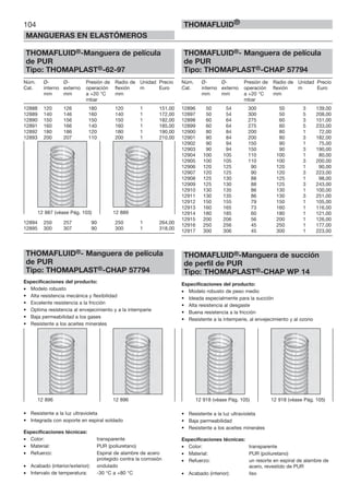 104
MANGUERAS EN ELASTÓMEROS
THOMAFLUID®
THOMAFLUID®-Manguera de película
de PUR
Tipo: THOMAPLAST®-62-97
Núm. Ø- Ø- Presión de Radio de Unidad Precio
Cat. interno externo operación flexión m Euro
mm mm a +20 °C mm
mbar
12888 120 126 180 120 1 151,00
12889 140 146 160 140 1 172,00
12890 150 156 150 150 1 182,00
12891 160 166 140 160 1 185,00
12892 180 186 120 180 1 190,00
12893 200 207 110 200 1 210,00
12894 250 257 90 250 1 264,00
12895 300 307 90 300 1 318,00
THOMAFLUID®- Manguera de película
de PUR
Tipo: THOMAPLAST®-CHAP 57794
Especificaciones del producto:
• Modelo robusto
• Alta resistencia mecánica y flexibilidad
• Excelente resistencia a la fricción
• Optima resistencia al envejecimiento y a la intemperie
• Baja permeabilidad a los gases
• Resistente a los aceites minerales
• Resistente a la luz ultravioleta
• Integrada con soporte en espiral soldado
Especificaciones técnicas:
• Color: transparente
• Material: PUR (poliuretano)
• Refuerzo: Espiral de alambre de acero
protegido contra la corrosión
• Acabado (interior/exterior): ondulado
• Intervalo de temperatura: -30 °C a +80 °C
THOMAFLUID®- Manguera de película
de PUR
Tipo: THOMAPLAST®-CHAP 57794
Núm. Ø- Ø- Presión de Radio de Unidad Precio
Cat. interno externo operación flexión m Euro
mm mm a +20 °C mm
mbar
12896 50 54 300 50 3 139,00
12897 50 54 300 50 5 208,00
12898 60 64 275 60 3 151,00
12899 60 64 275 60 5 233,00
12900 80 84 200 80 1 72,00
12901 80 84 200 80 3 182,00
12902 90 94 150 90 1 75,00
12903 90 94 150 90 3 190,00
12904 100 105 110 100 1 80,00
12905 100 105 110 100 3 200,00
12906 120 125 90 120 1 90,00
12907 120 125 90 120 3 223,00
12908 125 130 88 125 1 98,00
12909 125 130 88 125 3 243,00
12910 130 135 86 130 1 100,00
12911 130 135 86 130 3 251,00
12912 150 155 79 150 1 105,00
12913 160 165 73 160 1 116,00
12914 180 185 60 180 1 121,00
12915 200 206 56 200 1 126,00
12916 250 256 45 250 1 177,00
12917 300 306 45 300 1 223,00
THOMAFLUID®-Manguera de succión
de perfil de PUR
Tipo: THOMAPLAST®-CHAP WP 14
Especificaciones del producto:
• Modelo robusto de peso medio
• Ideada especialmente para la succión
• Alta resistencia al desgaste
• Buena resistencia a la fricción
• Resistente a la intemperie, al envejecimiento y al ozono
• Resistente a la luz ultravioleta
• Baja permeabilidad
• Resistente a los aceites minerales
Especificaciones técnicas:
• Color: transparente
• Material: PUR (poliuretano)
• Refuerzo: un resorte en espiral de alambre de
acero, revestido de PUR
• Acabado (interior): liso
12 887 (véase Pág. 103) 12 889
12 918 (véase Pág. 105) 12 918 (véase Pág. 105)12 896 12 896
 