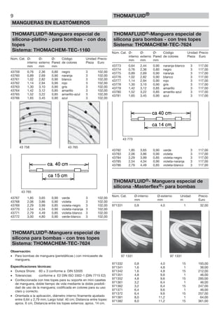 THOMAFLUID®-Manguera especial de
silicona-platino - para bombas - con dos
topes
Sistema: THOMACHEM-TEC-1160
Núm. Cat. Ø- Ø- Ø- Código Unidad Precio
interno externo Pared de colores Pieza Euro
mm mm mm
43759 0,76 2,36 0,80 negro 3 102,00
43760 0,89 2,69 0,90 naranja 3 102,00
43761 1,02 2,82 0,90 blanco 3 102,00
43762 1,14 2,94 0,90 rojo 3 102,00
43763 1,30 3,10 0,90 gris 3 102,00
43764 1,42 3,12 0,85 amarillo 3 102,00
43765 1,52 3,22 0,85 amarillo-azul 3 102,00
43766 1,65 3,45 0,90 azul 3 102,00
43767 1,85 3,65 0,90 verde 3 102,00
43768 2,06 3,86 0,90 violeta 3 102,00
43769 2,29 3,99 0,85 violeta-negro 3 102,00
43770 2,54 4,34 0,90 violeta-naranja 3 102,00
43771 2,79 4,49 0,85 violeta-blanco 3 102,00
43772 3,00 4,80 0,90 verde-blanco 3 102,00
THOMAFLUID®-Manguera especial de
silicona para bombas - con tres topes
Sistema: THOMACHEM-TEC-7624
Observación:
• Para bombas de manguera (peristálticas ) con minicasete de
manguera.
Especificaciones técnicas:
• Dureza Shore: 60 ± 3 conforme a DIN 53505
• Tolerancias: conforme a E2 DIN ISO 3302-1 (DIN 7715 E2)
• Confeccionada con tres topes para su soporte en mini casetes
de manguera, doble tiempo de vida mediante la doble posibili-
dad de uso de la manguera; codificada en colores para su uso
claro y correcto.
• Orientada a la aplicación, diámetro interno finamente ajustado
entre 0,64 y 2,79 mm; Largo total: 40 cm; Distancia entre topes:
aprox. 6 cm, Distancia entre los topes externos: aprox. 14 cm.
THOMAFLUID®-Manguera especial de
silicona para bombas - con tres topes
Sistema: THOMACHEM-TEC-7624
Núm. Cat. Ø- Ø- Ø- Código Unidad Precio
interno externo Pared de colores Pieza Euro
mm mm mm
43773 0,64 2,44 0,90 naranja-blanco 3 117,00
43774 0,76 2,36 0,80 negro 3 117,00
43775 0,89 2,69 0,90 naranja 3 117,00
43776 1,02 2,82 0,90 blanco 3 117,00
43777 1,14 2,94 0,90 rojo 3 117,00
43778 1,30 3,10 0,90 gris 3 117,00
43779 1,42 3,12 0,85 amarillo 3 117,00
43780 1,52 3,22 0,85 amarillo-azul 3 117,00
43781 1,65 3,45 0,90 azul 3 117,00
43782 1,85 3,65 0,90 verde 3 117,00
43783 2,06 3,86 0,90 violeta 3 117,00
43784 2,29 3,99 0,85 violeta-negro 3 117,00
43785 2,54 4,34 0,90 violeta-naranja 3 117,00
43786 2,79 4,49 0,85 violeta-blanco 3 117,00
THOMAFLUID®- Manguera especial de
silicona -Masterflex®- para bombas
Núm. Cat. Ø-interno Ø-externo Unidad Precio
mm mm m Euro
971331 0,8 4,0 1 32,00
971332 0,8 4,0 15 193,00
971341 1,6 4,8 1 36,00
971342 1,6 4,8 15 212,00
971351 4,8 9,6 1 46,00
971352 4,8 9,6 15 285,00
971361 3,2 6,4 1 46,00
971362 3,2 6,4 15 247,00
971371 6,4 9,6 1 46,00
971372 6,4 9,6 15 257,00
971381 8,0 11,2 1 64,00
971382 8,0 11,2 15 361,00
9
MANGUERAS EN ELASTÓMEROS
THOMAFLUID®
43 758 43 765
43 765
97 1331 97 1331
43 773
 