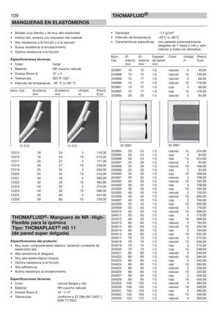 109
MANGUERAS EN ELASTÓMEROS
THOMAFLUID®
• Modelo muy blando y de muy alta elasticidad
• Interior liso, exterior con impresión del material
• Alta resistencia a la fricción y a la tracción
• Buena resistencia al envejecimiento
• Optima resistencia a la fricción
Especificaciones técnicas:
• Color: beige
• Material: NR (caucho natural)
• Dureza Shore A: 37 ± 5
• Tolerancias: ISO R 1307
• Intervalo de temperatura: -30 °C a +60 °C
Núm. Cat. Ø-interno Ø-externo Unidad Precio
mm mm m Euro
12315 18 24 5 116,00
12316 18 24 10 210,00
12317 20 27 5 141,00
12318 20 27 10 248,00
12319 25 35 5 250,00
12320 25 35 10 410,00
12321 30 40 5 290,00
12322 30 40 10 464,00
12323 40 50 5 374,00
12324 40 50 10 596,00
12325 50 60 5 454,00
12326 50 60 10 728,00
THOMAFLUID®- Manguera de NR -High-
Flexible para la química
Tipo: THOMAPLAST® HD 11
(de pared super delgada)
Especificaciones del producto:
• Muy buen comportamiento elástico, teniendo constante de
elasticidad alta
• Alta resistencia al desgarre
• Muy alta elasticidad al choque
• Optima resistencia a la fricción
• Alta adherencia
• Buena resistencia al envejecimiento
Especificaciones técnicas:
• Color: natural (beige) y rojo
• Material: NR (caucho natural)
• Dureza Shore A: 42° +/-3°
• Tolerancias: conforme a E2 DIN ISO 3302-1
(DIN 7715E2)
• Densidad: ~1,2 g/cm2
• Intervalo de temperatura: -40°C a +80°C
• Características específicas: con paredes extremadamente
delgadas de 1 hasta 2 mm y esto
referido a todos los diámetros
Núm. Ø- Ø- Espesor Color Unidad Precio
Cat. interno externo de pared m Euro
mm mm mm
333987 10 12 1,0 natural 5 48,00
333988 10 12 1,0 natural 15 126,00
333989 15 17 1,0 natural 5 66,00
333990 15 17 1,0 natural 15 176,00
333991 15 17 1,0 rojo 5 66,00
333992 15 17 1,0 rojo 15 176,00
333993 20 23 1,5 natural 5 84,00
333994 20 23 1,5 natural 15 224,00
333995 20 23 1,5 rojo 5 84,00
333996 20 23 1,5 rojo 15 224,00
333997 25 28 1,5 natural 5 94,00
333998 25 28 1,5 natural 10 168,00
333999 25 28 1,5 rojo 5 94,00
334000 25 28 1,5 rojo 10 168,00
334001 30 33 1,5 natural 5 108,00
334002 30 33 1,5 natural 10 192,00
334003 30 33 1,5 rojo 5 108,00
334004 30 33 1,5 rojo 10 192,00
334005 40 43 1,5 natural 5 150,00
334006 40 43 1,5 natural 10 260,00
334007 40 43 1,5 rojo 5 150,00
334008 40 43 1,5 rojo 10 260,00
334009 50 53 1,5 natural 5 176,00
334010 50 53 1,5 natural 10 306,00
334011 50 53 1,5 rojo 5 176,00
334012 50 53 1,5 rojo 10 306,00
334013 60 63 1,5 natural 5 194,00
334014 60 63 1,5 natural 10 332,00
334015 60 63 1,5 rojo 5 194,00
334016 60 63 1,5 rojo 10 332,00
334017 70 73 1,5 natural 5 210,00
334018 70 73 1,5 natural 10 348,00
334019 70 73 1,5 rojo 5 210,00
334020 70 73 1,5 rojo 10 348,00
334021 80 83 1,5 natural 5 240,00
334022 80 83 1,5 natural 10 394,00
334023 80 83 1,5 rojo 5 240,00
334024 80 83 1,5 rojo 10 394,00
334025 90 93 1,5 natural 5 258,00
334026 90 93 1,5 natural 10 420,00
334027 90 93 1,5 rojo 5 258,00
334028 90 93 1,5 rojo 10 420,00
334029 100 103 1,5 natural 5 280,00
334030 100 103 1,5 natural 10 448,00
334031 100 103 1,5 rojo 5 280,00
334032 100 103 1,5 rojo 10 448,00
334033 120 123 1,5 natural 5 300,00
33 3987 33 399112 315 12 315
 