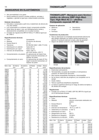 • Alta permeabilidad a los gases
• Buena resistencia química a aceites sintéticos, animales y
vegetales, a glicoles al igual que a determinados solventes.
Estándar del producto:
• Extrudida y vulcanizada a partir de un elastómero de silicona de
muy alta calidad.
• Los vulcanizados no contienen ningún componente extraíble.
• Están libres de sabor y olor, son fisiológicamente inertes y
absolutamente compatibles con el cuerpo humano.
• Cumplen las regulaciones BfR XV FDA § 177.2600 al igual que
las DAB X.
Especificaciones técnicas:
• Color: transparente
• Material: Si (caucho de silicona)
• Dureza Shore A: 55 ± 5
• Tolerancia: E2 DIN ISO 3302-1 (DIN 7715 E2)
• Esterilización en caliente: hasta 250 °C
• Esterilización por vapor: hasta 3,8 bar
• Intervalo de temperaturas: hasta +200 °C,
por corto tiempo +250 °C
• Comportamiento a la presión: En aplicaciones de hasta 6 bar,
según la sección transversal y el
espesor de pared
• Comportamiento al vacío: En aplicaciones de hasta 20 Torr,
según la sección transversal y el
espesor de pared
Núm. Cat. Ø-interno Ø-externo Ø-Pared Unidad Precio
mm mm mm m Euro
49828 0,8 4,0 1,6 5 44,00
49829 0,8 4,0 1,6 15 121,00
13785 1,6 3,2 0,8 5 100,00
13786 1,6 3,2 0,8 10 185,00
49830 1,6 4,8 1,6 5 46,00
49831 1,6 4,8 1,6 15 126,00
49832 3,2 6,4 1,6 5 62,00
49833 3,2 6,4 1,6 15 174,00
49834 4,8 8,0 1,6 5 75,00
49835 4,8 8,0 1,6 15 215,00
13787 4,8 9,6 2,4 5 100,00
13788 4,8 9,6 2,4 10 185,00
13789 4,8 11,2 3,2 5 167,00
13790 4,8 11,2 3,2 10 310,00
49836 6,4 9,6 1,6 5 95,00
49837 6,4 9,6 1,6 15 269,00
13791 6,4 11,2 2,4 5 113,00
13792 6,4 11,2 2,4 10 210,00
13793 6,4 12,8 3,2 5 149,00
13794 6,4 12,8 3,2 10 277,00
49838 8,0 11,2 1,6 5 126,00
49839 8,0 11,2 1,6 10 233,00
498950 8,0 12,8 2,4 5 128,00
498960 8,0 12,8 2,4 10 236,00
498970 9,6 12,8 1,6 5 131,00
498980 9,6 12,8 1,6 10 243,00
13799 9,6 14,4 2,4 5 146,00
13800 9,6 14,4 2,4 10 266,00
13801 9,6 16,0 3,2 5 179,00
13802 9,6 16,0 3,2 10 333,00
13803 12,7 17,5 2,4 5 167,00
13804 12,7 17,5 2,4 10 310,00
13805 12,7 19,1 3,2 5 192,00
13806 12,7 19,1 3,2 10 361,00
13807 15,9 22,3 3,2 5 220,00
13808 15,9 22,3 3,2 10 407,00
13809 19,0 25,4 3,2 5 248,00
13810 19,0 25,4 3,2 10 463,00
13811 19,0 28,6 4,8 5 369,00
13812 19,0 28,6 4,8 10 683,00
13813 25,4 35,0 4,8 5 458,00
13814 25,4 35,0 4,8 10 849,00
THOMAFLUID®- Manguera para técnica
médica de silicona GMP-High-Med-
Tipo: High-Med-AC 2 – ultrafina
Compuesto especial: RP 53
Campos de aplicación:
• Medicina • Aeronáutica
• Cirugía • Laboratorios
• Farmacia
Condiciones de producción:
• Para su fabricación es empleada exclusivamente silicona de
alta calidad catalizada con platino (entrecruzamiento por
adición). El producto está por lo tanto „libre de peróxido“.
• Seguro de calidad conforme a ISO 9002/EN 29002
Especificaciones del producto:
• Elasticidad sobresaliente
• Termosensible, se ajusta de inmediato a la temperatura
corporal, sin disminución del lumen.
• Muy buenas propiedades fisiológicas y biocompatible
• No es tóxica, está libre de pirógenos y es compatible con la
sangre
• Grado médico
• Textura superficial antiadhesiva (repelente)
• La textura superficial disminuye el riesgo de daños de tejidos o
de células de la sangre.
Regulaciones:
• Cumple con la FDA § 177.2600, USP XXI, BfR XV al igual que
con la farmacopea europea.
Especificaciones técnicas:
• Color: translúcido
• Material: silicona vulcanizada catalizada con
platino
• Dureza Shore A: 65
• Densidad: 1,18 g/cm3
• Intervalo de temperatura: -40 °C a +220 °C
• Tratamiento en autoclave: a 136 °C
• Esterilización en seco: si
• Alargamiento de rotura: 500 %
• Resistencia al desgarre: 30 kN/m
• Resistencia a la tracción: 8 MPa
Núm. Cat. Ø-interno Ø-externo Ø-Pared Unidad Precio
mm mm mm m Euro
11425 1,0 3,0 1,0 10 185,00
11426 1,5 3,5 1,0 10 194,00
11427 2,0 4,0 1,0 10 230,00
11428 3,0 5,0 1,0 10 269,00
11429 3,2 4,8 0,8 10 303,00
11430 3,2 6,4 1,6 10 394,00
11
MANGUERAS EN ELASTÓMEROS
THOMAFLUID®
49 828 11 425
 