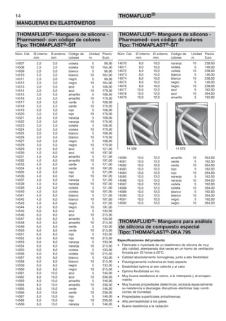 THOMAFLUID®- Manguera de silicona -
Pharmamed- con código de colores
Tipo: THOMAPLAST®-SIT
Núm. Cat. Ø-interno Ø-externo Código de Unidad Precio
mm mm colores m Euro
14507 2,0 3,0 violeta 5 98,00
14508 2,0 3,0 violeta 10 164,00
14509 2,0 3,0 blanco 5 98,00
14510 2,0 3,0 blanco 10 164,00
14511 2,0 3,0 negro 5 98,00
14512 2,0 3,0 negro 10 164,00
14513 3,0 5,0 azul 5 108,00
14514 3,0 5,0 azul 10 179,00
14515 3,0 5,0 amarillo 5 108,00
14516 3,0 5,0 amarillo 10 179,00
14517 3,0 5,0 verde 5 108,00
14518 3,0 5,0 verde 10 179,00
14519 3,0 5,0 rojo 5 108,00
14520 3,0 5,0 rojo 10 179,00
14521 3,0 5,0 naranja 5 108,00
14522 3,0 5,0 naranja 10 179,00
14523 3,0 5,0 violeta 5 108,00
14524 3,0 5,0 violeta 10 179,00
14525 3,0 5,0 blanco 5 108,00
14526 3,0 5,0 blanco 10 179,00
14527 3,0 5,0 negro 5 108,00
14528 3,0 5,0 negro 10 179,00
14529 4,0 6,0 azul 5 121,00
14530 4,0 6,0 azul 10 197,00
14531 4,0 6,0 amarillo 5 121,00
14532 4,0 6,0 amarillo 10 197,00
14533 4,0 6,0 verde 5 121,00
14534 4,0 6,0 verde 10 197,00
14535 4,0 6,0 rojo 5 121,00
14536 4,0 6,0 rojo 10 197,00
14537 4,0 6,0 naranja 5 121,00
14538 4,0 6,0 naranja 10 197,00
14539 4,0 6,0 violeta 5 121,00
14540 4,0 6,0 violeta 10 197,00
14541 4,0 6,0 blanco 5 121,00
14542 4,0 6,0 blanco 10 197,00
14543 4,0 6,0 negro 5 121,00
14544 4,0 6,0 negro 10 197,00
14545 6,0 8,0 azul 5 133,00
14546 6,0 8,0 azul 10 215,00
14547 6,0 8,0 amarillo 5 133,00
14548 6,0 8,0 amarillo 10 215,00
14549 6,0 8,0 verde 5 133,00
14550 6,0 8,0 verde 10 215,00
14551 6,0 8,0 rojo 5 133,00
14552 6,0 8,0 rojo 10 215,00
14553 6,0 8,0 naranja 5 133,00
14554 6,0 8,0 naranja 10 215,00
14555 6,0 8,0 violeta 5 133,00
14556 6,0 8,0 violeta 10 215,00
14557 6,0 8,0 blanco 5 133,00
14558 6,0 8,0 blanco 10 215,00
14559 6,0 8,0 negro 5 133,00
14560 8,0 8,0 negro 10 215,00
14561 8,0 10,0 azul 5 146,00
14562 8,0 10,0 azul 10 238,00
14563 8,0 10,0 amarillo 5 146,00
14564 8,0 10,0 amarillo 10 238,00
14565 8,0 10,0 verde 5 146,00
14566 8,0 10,0 verde 10 238,00
14567 8,0 10,0 rojo 5 146,00
14568 8,0 10,0 rojo 10 238,00
14569 8,0 10,0 naranja 5 146,00
THOMAFLUID®- Manguera de silicona -
Pharmamed- con código de colores
Tipo: THOMAPLAST®-SIT
Núm. Cat. Ø-interno Ø-externo Código de Unidad Precio
mm mm colores m Euro
14570 8,0 10,0 naranja 10 238,00
14571 8,0 10,0 violeta 5 146,00
14572 8,0 10,0 violeta 10 238,00
14573 8,0 10,0 blanco 5 146,00
14574 8,0 10,0 blanco 10 238,00
14575 8,0 10,0 negro 5 146,00
14576 8,0 10,0 negro 10 238,00
14577 10,0 12,0 azul 5 162,00
14578 10,0 12,0 azul 10 264,00
14579 10,0 12,0 amarillo 5 162,00
14580 10,0 12,0 amarillo 10 264,00
14581 10,0 12,0 verde 5 162,00
14582 10,0 12,0 verde 10 264,00
14583 10,0 12,0 rojo 5 162,00
14584 10,0 12,0 rojo 10 264,00
14585 10,0 12,0 naranja 5 162,00
14586 10,0 12,0 naranja 10 264,00
14587 10,0 12,0 violeta 5 162,00
14588 10,0 12,0 violeta 10 264,00
14589 10,0 12,0 blanco 5 162,00
14590 10,0 12,0 blanco 10 264,00
14591 10,0 12,0 negro 5 162,00
14592 10,0 12,0 negro 10 264,00
THOMAFLUID®- Manguera para análisis
de silicona de compuesto especial
Tipo: THOMAPLAST®-DKA 795
Especificaciones del producto:
• Fabricada e inyectada de un elastómero de silicona de muy
alta calidad, atemperada dos veces en un horno de ventilación
forzada por 20 horas a 20°C.
• Calidad absolutamente homogénea, junto a alta flexibilidad
• Fisiológicamente inofensiva en todo aspecto
• Estabilidad óptima al aire caliente y al calor
• Optima flexibilidad en frío
• Muy buena resistencia al ozono, a la intemperie y al envejeci-
miento
• Muy buenas propiedades dieléctricas; probada especialmente
su resistencia a descargas disruptivas eléctricas bajo condi-
ciones de humedad.
• Propiedades superficiales antiadhesivas.
• Alta permeabilidad a los gases
• Buena resistencia a la radiación
14
MANGUERAS EN ELASTÓMEROS
THOMAFLUID®
14 508 14 572
 