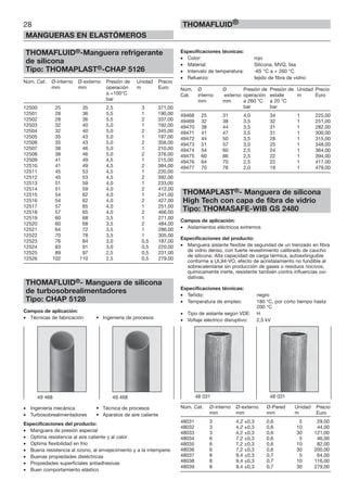 28
MANGUERAS EN ELASTÓMEROS
THOMAFLUID®
THOMAFLUID®-Manguera refrigerante
de silicona
Tipo: THOMAPLAST®-CHAP 5126
Núm. Cat. Ø-interno Ø-externo Presión de Unidad Precio
mm mm operación m Euro
a +100°C
bar
12500 25 35 2,5 3 371,00
12501 28 36 5,5 1 190,00
12502 28 36 5,5 2 337,00
12503 32 40 5,0 1 192,00
12504 32 40 5,0 2 345,00
12505 35 43 5,0 1 197,00
12506 35 43 5,0 2 358,00
12507 38 46 5,0 1 210,00
12508 38 46 5,0 2 376,00
12509 41 49 4,5 1 215,00
12510 41 49 4,5 2 384,00
12511 45 53 4,5 1 220,00
12512 45 53 4,5 2 392,00
12513 51 59 4,0 1 233,00
12514 51 59 4,0 2 412,00
12515 54 62 4,0 1 241,00
12516 54 62 4,0 2 427,00
12517 57 65 4,0 1 251,00
12518 57 65 4,0 2 466,00
12519 60 68 3,5 1 271,00
12520 60 68 3,5 2 484,00
12521 64 72 3,5 1 286,00
12522 70 78 3,5 1 305,00
12523 76 84 3,0 0,5 187,00
12524 83 91 3,0 0,5 220,00
12525 89 97 2,5 0,5 231,00
12526 102 110 2,5 0,5 279,00
THOMAFLUID®- Manguera de silicona
de turbosobrealimentadores
Tipo: CHAP 5128
Campos de aplicación:
• Técnicas de fabricación • Ingeniería de procesos
• Ingeniería mecánica • Técnica de procesos
• Turbosobrealimentadores • Aparatos de aire caliente
Especificaciones del producto:
• Manguera de presión especial
• Optima resistencia al aire caliente y al calor
• Optima flexibilidad en frío
• Buena resistencia al ozono, al envejecimiento y a la intemperie
• Buenas propiedades dieléctricas
• Propiedades superficiales antiadhesivas
• Buen comportamiento elástico
Especificaciones técnicas:
• Color: rojo
• Material: Silicona, MVQ, lisa
• Intervalo de temperatura: -65 °C a + 260 °C
• Refuerzo: tejido de fibra de vidrio
Núm. Ø Ø Presión de Presión de Unidad Precio
Cat. interno externo operación estalle m Euro
mm mm a 260 °C a 20 °C
bar bar
49468 25 31 4,0 34 1 225,00
49469 32 38 3,5 32 1 251,00
49470 38 44 3,5 31 1 282,00
49471 41 47 3,5 31 1 300,00
49472 44 50 3,5 28 1 315,00
49473 51 57 3,0 25 1 348,00
49474 54 60 2,5 24 1 364,00
49475 60 66 2,5 22 1 394,00
49476 64 70 2,5 22 1 417,00
49477 70 76 2,0 19 1 479,00
THOMAPLAST®- Manguera de silicona
High Tech con capa de fibra de vidrio
Tipo: THOMASAFE-WIB GS 2480
Campos de aplicación:
• Aislamientos eléctricos extremos
Especificaciones del producto:
• Manguera aislante flexible de seguridad de un trenzado en fibra
de vidrio denso, con fuerte revestimiento calibrado de caucho
de silicona. Alta capacidad de carga térmica, autoextinguible
conforme a UL94-VO, efecto de acristalamiento no fundible al
sobrecalentarse sin producción de gases o residuos nocivos;
químicamente inerte, resistente también contra influencias oxi-
dativas.
Especificaciones técnicas:
• Teñido: negro
• Temperatura de empleo: 180 °C, por corto tiempo hasta
200 °C
• Tipo de aislante según VDE: H
• Voltaje eléctrico disruptivo: 2,5 kV
Núm. Cat. Ø-interno Ø-externo Ø-Pared Unidad Precio
mm mm mm m Euro
48031 3 4,2 ±0,3 0,6 5 29,00
48032 3 4,2 ±0,3 0,6 10 44,00
48033 3 4,2 ±0,3 0,6 30 121,00
48034 6 7,2 ±0,3 0,6 5 46,00
48035 6 7,2 ±0,3 0,6 10 82,00
48036 6 7,2 ±0,3 0,6 30 200,00
48037 8 9,4 ±0,3 0,7 5 64,00
48038 8 9,4 ±0,3 0,7 10 116,00
48039 8 9,4 ±0,3 0,7 30 279,00
49 468 49 468 48 031 48 031
 
