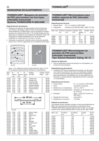 36
MANGUERAS EN ELASTÓMEROS
THOMAFLUID®
THOMAFLUID®- Manguera de precisión
de PVC para bombas con tres topes
(reticulado transversal)
Systema THOMACHEM-R-3603/AME
Especificaciones del producto:
• Manguera de precisión de larga duración para bombas para
uso rutinario, fabricadas a partir de PVC de reticulado trans-
versal resistente a la deformación, para la impulsión de medios
acuosos con valores de pH entre 1-10; confeccionada con tres
topes para su soporte en mini-casetes de manguera, doble vida
útil gracias a la doble posibilidad de uso de la manguera;
codificada en colores para su uso claro y correcto.
• Orientada a la aplicación, diámetro interno finamente ajustado
entre 0,19 y 2,79 mm; Largo total: 40 cm; Distancia entre topes:
aprox. 7 cm, Distancia entre los topes externos: aprox. 15 cm.
En el paquete respectivamente 6 piezas en cada paquete.
Núm. Ø Ø Ø Código Unidad Precio
Cat. interno externo pared de color Pieza Euro
mm mm mm
43734 0,19 1,99 0,90 naranja-rojo 6 66,00
43735 0,25 2,05 0,90 naranja-azul 6 66,00
43736 0,38 2,18 0,90 naranja-verde 6 66,00
43737 0,44 2,24 0,90 verde-amarillo 6 66,00
43738 0,51 2,21 0,85 naranja-amarillo 5 66,00
43739 0,57 2,27 0,85 blanco-amarillo 6 66,00
43740 0,64 2,44 0,90 naranja-blanco 6 66,00
43741 0,76 2,36 0,80 negro 6 66,00
43742 0,89 2,49 0,80 naranja 6 66,00
43743 0,95 2,75 0,90 blanco-negro 6 66,00
43744 1,02 2,72 0,85 blanco 6 66,00
43745 1,09 2,69 0,80 blanco-rojo 6 66,00
43746 1,14 2,74 0,80 rojo 6 66,00
43747 1,22 2,82 0,80 rojo-gris 6 66,00
43748 1,30 2,80 0,75 gris 6 66,00
43749 1,42 3,02 0,80 amarillo 6 66,00
43750 1,52 3,02 0,75 amarillo-azul 6 66,00
43751 1,65 3,25 0,80 azul 6 66,00
43752 1,75 3,35 0,75 azul-verde 6 66,00
43753 1,85 3,55 0,85 verde 6 66,00
43754 2,06 3,66 0,80 violeta 6 66,00
43755 2,29 3,99 0,85 violeta-negro 6 66,00
43756 2,54 4,14 0,80 violeta-naranja 6 66,00
43757 2,79 4,59 0,90 violeta-blanco 6 66,00
THOMAFLUID®-Micromanguera para
análisis especial de PVC (reticulado
transversal)
Especificaciones técnicas:
• Dureza Shore: 55° ± 3° conforme a DIN 53505
• Tolerancias: conforme a E2 DIN ISO 3302-1 (DIN 7715 E2)
Núm. Cat. Ø interno Ø externo Ø pared Para Unidad Precio
mm mm mm agujas m Euro
de
94066 0,25 0,76 0,25 30 30 246,00
94067 0,51 1,52 0,51 23 30 266,00
94068 0,76 2,29 0,76 20-21 30 328,00
94069 1,02 1,78 0,38 18-20 30 338,00
94070 1,27 2,29 0,51 17-18 30 348,00
THOMAFLUID®-Micromanguera de
precisión de PVC para bombas
(reticulado transversal)
Tipo: Solvent-Resistant-Tubing, AC 15
Campos de aplicación:
• Para la dosificación precisa de reactivos en microanálisis y en
control de micro-procesos
Especificaciones del producto:
• THOMAFLUID®-Micromangueras para bombas, de tipo espe-
cial, hechas de policloruro de vinilo, son fabricadas mediante
el uso de una formulación especial de polivinilo desarrollada
para esta aplicación. Se distinguen por su alta resistencia a la
extracción y al hinchamiento, especialmente frente a solventes
y a combustibles.
Especificaciones técnicas:
• Dureza Shore: 61° ± 5 conforme a DIN 53505
• Color: amarillento translúcido
• Resistencia a la temperatura: –32 °C a +60 °C
• Resistencia al envejecimiento: excelente, no es atacada ni por
O2 ni por O3
• Densidad: aprox. 1,20 g/cm3 conforme a
DIN 53479
• Alargamiento de rotura: hasta 400 %
• Resistencia a la tracción: 14,3 MPa
Estándar de producción:
Las materias primas utilizadas cumplen con las recomendaciones de
BGA y son en consecuencia autorizadas. La fabricación de las
THOMAFLUID®-Micromangueras para bombas cumplen con los regla-
mentos de US Federal Standard 209 B, pureza de aire clase 10000.
Núm. Cat. Ø-interno Ø-externo Unidad Precio
mm mm m Euro
27047 0,13 1,95 5 82,00
27048 0,13 1,95 15 208,00
27050 0,19 2,01 5 82,00
27051 0,19 2,01 15 208,00
27053 0,25 2,07 5 82,00
27054 0,25 2,07 15 208,00
27056 0,38 2,20 5 82,00
27057 0,38 2,20 15 208,00
27059 0,51 2,19 5 82,00
27060 0,51 2,19 15 208,00
27062 0,64 2,32 5 82,00
43 734 27 047
43 734
 