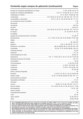 Contenido según campos de aplicación (continuación) Página
bombas de manguera (peristálticas) con topes . . . . . . . . . . . . . . . . . . . . . . . . . . . . . . 4, 8-9, 34-36, 42-44, 79
bombas de manguera (peristálticas) . . . . . . . . . . . . . . . . . . . . . . . . . . . . . . 4-6, 9-11, 34-36, 38, 44, 47, 76-78
codificadas en colores . . . . . . . . . . . . . . . . . . . . . . . . . . . . . . . . . . . . . . . . . . . . . . 13-14, 48-57, 79-80, 88, 106
combinadas . . . . . . . . . . . . . . . . . . . . . . . . . . . . . . . . . . . . . .6-8, 25-26, 34, 81-87, 94, 102-103, 107, 110-113
combustibles y lubricantes . . . . . . . . . . . . . . . . . . . . . . . . . . . . . . .6-8, 41, 46, 51, 55, 65, 88, 90, 92, 111-113
con trenzado de acero inoxidable . . . . . . . . . . . . . . . . . . . . . . . . . . . . . . . . . . . . . . . . . . . . . . . . . . . . . . . . 7, 26
de burbuja . . . . . . . . . . . . . . . . . . . . . . . . . . . . . . . . . . . . . . . . . . . . . . . . . . . . . . . . . . . . . . . . . . . . . . . . . . . . 64
de película . . . . . . . . . . . . . . . . . . . . . . . . . . . . . . . . . . . . . . . . . . . . . . . . . . . . . . . . . . . . . . . . . . . . . . . .103-104
de perfil . . . . . . . . . . . . . . . . . . . . . . . . . . . . . . . . . . . . . . . . . . . . . . . . . . . . . . . . . . . . . . . . . . . . . . . . .22-23, 81
doble capa . . . . . . . . . . . . . . . . . . . . . . . . . . . . . . . . . . . . . . .6-8, 25-26, 34, 81-87, 94, 102-103, 107, 110-113
en espiral . . . . . . . . . . . . . . . . . . . . . . . . . . . . . . . . . . . . . . . . . . . . . . . . . . . . . . . . . . . . . . 21, 34, 68-74, 95-101
encogibles . . . . . . . . . . . . . . . . . . . . . . . . . . . . . . . . . . . . . . . . . . . . . . . . . . . . . . . . . . . . . . . . . . . . . . . . . . . . . 8
equipos de acondicionamiento neumático . . . . . . . . . . . . . . . . . . . . . . . . . . . . . . . . . . . . . . . . . . . . . .27, 69-71
farmacéuticas. . . . . . . . . . . . . . . . . . . . . . . . . . . . . . . . . . . . . . 6-7, 10-22, 24-25, 39, 42-48, 59-60, 77-80, 106
fuelles . . . . . . . . . . . . . . . . . . . . . . . . . . . . . . . . . . . . . . . . . . . . . . . . . . . . . . . . . . . . . . . . . . . . . . . . . . . . . . . . 81
gases . . . . . . . . . . . . . . . . . . . . . . . . . . . . . . . . . . . . . . . . . . . . . . . . . . . . . . . . . . . . . . . . . . . . . . . . .90, 106-107
gasolina . . . . . . . . . . . . . . . . . . . . . . . . . . . . . . . . . . . . . . . . . . . . . . . . . . . . . . . . . .6-8, 41, 65, 90, 92, 111-113
hidráulicas, neumáticas . . . . . . . . . . . . . . . . . . . . . . . . . . . . . . . . . . . . . .66, 84, 88-89, 90, 91, 93, 94-100, 105
industriales . . . . . . . . . . . . . . . . . . . . . . . . . . . . . . . . . . . . . . . . . . . . . . . . 63, 64, 72-74, 82-83, 88-90, 105-113
industrias lecheras . . . . . . . . . . . . . . . . . . . . . . . . . . . . . . . . . . . . . . . . . . . . . . . . . . . . . . . . . . . . . . . . . . . 40, 84
inhalación . . . . . . . . . . . . . . . . . . . . . . . . . . . . . . . . . . . . . . . . . . . . . . . . . . . . . . . . . . . . . . . . . . . . . . . . . .6-7, 22
intercambiadores de calor . . . . . . . . . . . . . . . . . . . . . . . . . . . . . . . . . . . . . . . . . . . . . . . . . . . . . . . . . . .22-23, 81
laboratorios . . . . . . . . . . . . . . . . . . . . . . . . . . . . . . . . . . . . . . . 3-6, 11, 16-23, 34-41, 48, 51, 55, 59, 74-76, 95
lavadoras (maquinas de lavado) . . . . . . . . . . . . . . . . . . . . . . . . . . . . . . . . . . . . . . . . . . . . . . . . . . . . . . . 84, 112
microcatéter . . . . . . . . . . . . . . . . . . . . . . . . . . . . . . . . . . . . . . . . . . . . . . . . . . . . . . . . . . . . . . . . . . . . . . . . .45-46
micromangueras. . . . . . . . . . . . . . . . . . . . . . . . . . . . . . . . . . . . . . . . . . . . . . . . . . . . . . . . . . . . . .3, 36, 38, 44-46
multicanal . . . . . . . . . . . . . . . . . . . . . . . . . . . . . . . . . . . . . . . . . . . . . . . . . . . . . . . . . . . . 3, 20-21, 46, 94-95, 103
multilumen . . . . . . . . . . . . . . . . . . . . . . . . . . . . . . . . . . . . . . . . . . . . . . . . . . . . . . . . . . . 3, 20-21, 46, 94-95, 103
onduladas. . . . . . . . . . . . . . . . . . . . . . . . . . . . . . . . . . . . . . . . . . . . . . . . . . . . . . . . . . . . . . . . . . . . . . . 65, 66, 68
pintar a pistola (aerografía). . . . . . . . . . . . . . . . . . . . . . . . . . . . . . . . . . . . . . . . . . . . . . . . . . . . . . . . . . . . . . . . 84
precisión. . . . . . . . . . . . . . . . . . . . . . . . . . . . . . . . . . . . . . . . . . . . . . . . . .3, 34-37, 42, 48, 51, 55, 92, 94-95, 96
presión media. . . . . . . . . . . . . . . . . . . . . . . . . . . . . . . . . . . . . . . . . . 42, 67, 75, 82-83, 89-90, 93-100, 107, 111
pulverizadores de árboles . . . . . . . . . . . . . . . . . . . . . . . . . . . . . . . . . . . . . . . . . . . . . . . . . . . . . . . . . . . . . . . . 68
respiradores artificiales . . . . . . . . . . . . . . . . . . . . . . . . . . . . . . . . . . . . . . . . . . . . . . . . . . . . . . . . . . . . . . . 21, 37
solventes . . . . . . . . . . . . . . . . . . . . . . . . . . . . . . . . . . . . . . . . . . . . . . . . . . . . . . . . . . . . . . . . . . . . . . . 3-8, 76-87
succión. . . . . . . . . . . . . . . . . . . . . . . . . . . . . . . . . . . . . . . . . . . . . . . . . . . . 65-66, 72-74, 86, 103-104, 110-111
técnica médica. . . . . . . . . . . . . . . . . . . . . . . . . . . . . . . . . . . . . . . . .3-6, 10-22, 24-25, 37, 39, 42-48, 47, 77-80
termoaislantes . . . . . . . . . . . . . . . . . . . . . . . . . . . . . . . . . . . . . . . . . . . . . . . . . . . . . . . . . . . . . . . . . . 18, 32, 105
tubos a presión . . . . . . . . . . . . . . . . . . . . . . . . . . . . . . . . . . . . . . . . . . . . . . . . . . . . . . . . . . . . . . . . . . . . . . . . 74
turbosobrealimentadores . . . . . . . . . . . . . . . . . . . . . . . . . . . . . . . . . . . . . . . . . . . . . . . . . . . . . . . . . . . . . . . . . 28
vacío. . . . . . . . . . . . . . . . . . . . . . . . . . . . . . . . . . . . . . . . . . . . . . . . . . . . . . . . . . . . . . . . . . . . . . . . . . . . . . 23, 34
vapor caliente. . . . . . . . . . . . . . . . . . . . . . . . . . . . . . . . . . . . . . . . . . . . . . . . . . . . . . . . . . . . . . . . . 18, 84, 85, 87
vapor . . . . . . . . . . . . . . . . . . . . . . . . . . . . . . . . . . . . . . . . . . . . . . . . . . . . . . . . . . . . . . . . . . . . . . . . 82-83, 84-86
Vea el THOMAFLUID®-Manual II para mangueras encogibles de PTFE y PVDF o bien mangueras de NBR, CR, SBR,
PTFE, TFE, MFA,PFA, FEP, ETFE, PVDF, PEEK, PI, PA, PE, PP, LDPE/EVA al igual que de acero inoxidable.
Para que usted se informe de la mejor manera posible sobre los campos de aplicación de nuestros productos, nos
preocupamos por hacer una descripción completa y precisa conforme al más reciente estado técnico.
Sin embargo esperamos que comprenda, que no nos podemos hacer responsables por la durabilidad de las propie-
dades descritas, ya que se trata de valores aproximados, los cuales fueron determinados en pruebas bajo condi-
ciones normales. Le recomendamos, pruebe el producto bajo las condiciones concretas de su aplicación, en lo cual
nuestra experiencia le es de gran ayuda.
 
