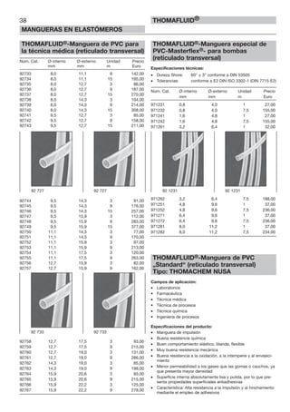 38
MANGUERAS EN ELASTÓMEROS
THOMAFLUID®
THOMAFLUID®-Manguera de PVC para
la técnica médica (reticulado transversal)
Núm. Cat. Ø-interno Ø-externo Unidad Precio
mm mm m Euro
92733 8,0 11,1 9 142,00
92734 8,0 11,1 15 195,00
92735 8,0 12,7 3 86,00
92736 8,0 12,7 9 187,00
92737 8,0 12,7 15 270,00
92738 8,0 14,3 3 104,00
92739 8,0 14,3 9 214,00
92740 8,0 14,3 15 308,00
92741 9,5 12,7 3 85,00
92742 9,5 12,7 9 158,00
92743 9,5 12,7 15 211,00
92744 9,5 14,3 3 91,00
92745 9,5 14,3 9 176,00
92746 9,5 14,3 15 257,00
92747 9,5 15,9 3 112,00
92748 9,5 15,9 9 283,00
92749 9,5 15,9 15 377,00
92750 11,1 14,3 3 77,00
92751 11,1 14,3 9 170,00
92752 11,1 15,9 3 97,00
92753 11,1 15,9 9 213,00
92754 11,1 17,5 3 120,00
92755 11,1 17,5 9 263,00
92756 12,7 15,9 3 82,00
92757 12,7 15,9 9 162,00
92758 12,7 17,5 3 93,00
92759 12,7 17,5 9 215,00
92760 12,7 19,0 3 131,00
92761 12,7 19,0 9 286,00
92762 14,3 19,0 3 85,00
92763 14,3 19,0 9 198,00
92764 15,9 20,6 3 93,00
92765 15,9 20,6 9 215,00
92766 15,9 22,2 3 125,00
92767 15,9 22,2 9 278,00
THOMAFLUID®-Manguera especial de
PVC-Masterflex®- para bombas
(reticulado transversal)
Especificaciones técnicas:
• Dureza Shore: 60° ± 3° conforme a DIN 53505
• Tolerancias: conforme a E2 DIN ISO 3302-1 (DIN 7715 E2)
Núm. Cat. Ø-interno Ø-externo Unidad Precio
mm mm m Euro
971231 0,8 4,0 1 27,00
971232 0,8 4,0 7,5 155,00
971241 1,6 4,8 1 27,00
971242 1,6 4,8 7,5 155,00
971261 3,2 6,4 1 32,00
971262 3,2 6,4 7,5 188,00
971251 4,8 9,6 1 37,00
971252 4,8 9,6 7,5 236,00
971271 6,4 9,6 1 37,00
971272 6,4 9,6 7,5 236,00
971281 8,0 11,2 1 37,00
971282 8,0 11,2 7,5 234,00
THOMAFLUID®-Manguera de PVC
„Standard“ (reticulado transversal)
Tipo: THOMACHEM NUSA
Campos de aplicación:
• Laboratorios
• Farmacéutica
• Técnica médica
• Técnica de procesos
• Técnica química
• Ingeniería de procesos
Especificaciones del producto:
• Manguera de impulsión
• Buena resistencia química
• Buen comportamiento elástico, blanda, flexible
• Muy buena resistencia mecánica
• Buena resistencia a la oxidación, a la intemperie y al envejeci-
miento
• Menor permeabilidad a los gases que las gomas o cauchos, ya
que presenta mayor densidad
• Superficie interna absolutamente lisa y pulida, por lo que pre-
senta propiedades superficiales antiadhesivas
• Característica: Alta resistencia a la impulsión y al hinchamiento
mediante el empleo de adhesivos
92 1231 92 123192 727 92 727
92 733 92 733
 