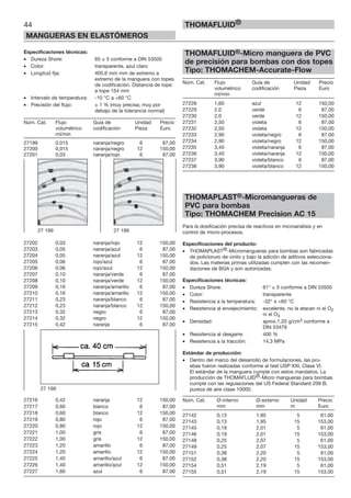 44
MANGUERAS EN ELASTÓMEROS
THOMAFLUID®
Especificaciones técnicas:
• Dureza Shore: 65 ± 5 conforme a DIN 53505
• Color: transparente, azul claro
• Longitud fija: 405,6 mm mm de extremo a
extremo de la manguera con topes
de codificación. Distancia de tope
a tope 154 mm
• Intervalo de temperatura: -10 °C a +60 °C
• Precisión del flujo: ± 1 % (muy precisa; muy por
debajo de la tolerancia normal)
Núm. Cat. Flujo Guía de Unidad Precio
volumétrico codificación Pieza Euro
ml/min
27199 0,015 naranja/negro 6 87,00
27200 0,015 naranja/negro 12 150,00
27201 0,03 naranja/rojo 6 87,00
27202 0,03 naranja/rojo 12 150,00
27203 0,05 naranja/azul 6 87,00
27204 0,05 naranja/azul 12 150,00
27205 0,06 rojo/azul 6 87,00
27206 0,06 rojo/azul 12 150,00
27207 0,10 naranja/verde 6 87,00
27208 0,10 naranja/verde 12 150,00
27209 0,16 naranja/amarillo 6 87,00
27210 0,16 naranja/amarillo 12 150,00
27211 0,23 naranja/blanco 6 87,00
27212 0,23 naranja/blanco 12 150,00
27213 0,32 negro 6 87,00
27214 0,32 negro 12 150,00
27215 0,42 naranja 6 87,00
27216 0,42 naranja 12 150,00
27217 0,60 blanco 6 87,00
27218 0,60 blanco 12 150,00
27219 0,80 rojo 6 87,00
27220 0,80 rojo 12 150,00
27221 1,00 gris 6 87,00
27222 1,00 gris 12 150,00
27223 1,20 amarillo 6 87,00
27224 1,20 amarillo 12 150,00
27225 1,40 amarillo/azul 6 87,00
27226 1,40 amarillo/azul 12 150,00
27227 1,60 azul 6 87,00
THOMAFLUID®-Micro manguera de PVC
de precisión para bombas con dos topes
Tipo: THOMACHEM-Accurate-Flow
Núm. Cat. Flujo Guía de Unidad Precio
volumétrico codificación Pieza Euro
ml/min
27228 1,60 azul 12 150,00
27229 2,0 verde 6 87,00
27230 2,0 verde 12 150,00
27231 2,50 violeta 6 87,00
27232 2,50 violeta 12 150,00
27233 2,90 violeta/negro 6 87,00
27234 2,90 violeta/negro 12 150,00
27235 3,40 violeta/naranja 6 87,00
27236 3,40 violeta/naranja 12 150,00
27237 3,90 violeta/blanco 6 87,00
27238 3,90 violeta/blanco 12 150,00
THOMAPLAST®-Micromangueras de
PVC para bombas
Tipo: THOMACHEM Precision AC 15
Para la dosificación precisa de reactivos en microanálisis y en
control de micro-procesos.
Especificaciones del producto:
• THOMAPLAST®-Micromangueras para bombas son fabricadas
de policloruro de vinilo y bajo la adición de aditivos selecciona-
dos. Las materias primas utilizadas cumplen con las recomen-
daciones de BGA y son autorizadas.
Especificaciones técnicas:
• Dureza Shore: 61° ± 5 conforme a DIN 53505
• Color: transparente
• Resistencia a la temperatura: -32° s +60 °C
• Resistencia al envejecimiento: excelente, no la atacan ni el O2
ni el O3
• Densidad: aprox.1,20 g/cm3 conforme a
DIN 53479
• Resistencia al desgarre: 400 %
• Resistencia a la tracción: 14,3 MPa
Estándar de producción:
• Dentro del marco del desarrollo de formulaciones, las pru-
ebas fueron realizadas conforme al test USP XXI, Clase VI.
El estándar de la manguera cumple con estos mandatos. La
producción de THOMAFLUID®-Micro mangueras para bombas
cumple con las regulaciones del US Federal Standard 209 B,
pureza de aire clase 10000.
Núm. Cat. Ø-interno Ø-externo Unidad Precio
mm mm m Euro
27142 0,13 1,95 5 61,00
27143 0,13 1,95 15 153,00
27145 0,19 2,01 5 61,00
27146 0,19 2,01 15 153,00
27148 0,25 2,07 5 61,00
27149 0,25 2,07 15 153,00
27151 0,38 2,20 5 61,00
27152 0,38 2,20 15 153,00
27154 0,51 2,19 5 61,00
27155 0,51 2,19 15 153,00
27 199 27 199
27 199
 