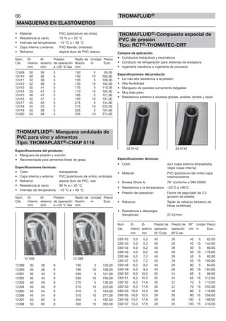 66
MANGUERAS EN ELASTÓMEROS
THOMAFLUID®
• Material: PVC (policloruro de vinilo)
• Resistencia al vacío: 70 % a + 20 °C
• Intervalo de temperatura: -10 °C a + 60 °C
• Capa interna y externa: PVC blando, ondulado
• Refuerzo: espiral duro de PVC, blanco
Núm. Ø- Ø- Presión Radio de Unidad Precio
Cat. interno externo de operación flexión m Euro
mm mm a +20 °C bar mm
12409 30 36 5 150 5 95,00
12410 30 36 5 150 10 202,00
12411 32 38 5 155 5 100,00
12412 32 38 5 155 10 162,00
12413 35 41 5 170 5 110,00
12414 35 41 5 170 10 185,00
12415 40 47 5 195 5 121,00
12416 40 47 5 195 10 197,00
12417 45 53 5 215 5 144,00
12418 45 53 5 215 10 233,00
12419 50 58 5 235 5 167,00
12420 50 58 5 235 10 274,00
THOMAFLUID®- Manguera ondulada de
PVC para vino y alimentos
Tipo: THOMAPLAST®-CHAP 5118
Especificaciones del producto:
• Manguera de presión y succión
• Recomendada para alimentos libres de grasa
Especificaciones técnicas:
• Color: transparente
• Capa interna y externa: PVC (policloruro de vinilo), ondulada
• Refuerzo: espiral duro de PVC, rojo
• Resistencia al vacío: 90 % a + 20 °C
• Intervalo de temperatura: -10 °C a + 60 °C
Núm. Ø- Ø- Presión Radio de Unidad Precio
Cat. interno externo de operación flexión m Euro
mm mm a +20 °C bar mm
12389 30 38 9 190 5 100,00
12390 30 38 9 190 10 166,00
12391 35 43 9 230 5 121,00
12392 35 43 9 230 10 195,00
12393 40 49 9 270 5 136,00
12394 40 49 9 270 10 220,00
12395 45 54 9 310 5 164,00
12396 45 54 9 310 10 271,00
12397 50 60 8 350 5 182,00
12398 50 60 8 350 10 300,00
THOMAFLUID®-Compuesto especial de
PVC de presión
Tipo: RCT®-THOMATEC-DRT
Campos de aplicación:
• Conductos hidráulicos y neumáticos
• Conducto de refrigeración para sistemas de soldadura
• Ingeniería mecánica e ingeniería de procesos
Especificaciones del producto:
• La más alta resistencia a la presión
• Alta flexibilidad
• Manguera de paredes sumamente delgadas
• Muy bajo peso
• Resistencia extrema a diversas gradas, aceites, ácidos y lejías
Especificaciones técnicas:
• Color: azul (capa externa empastada),
negra (capa interna)
• Material: PVC (policloruro de vinilo) capa
interna/externa
• Dureza Shore A: 76° conforme a DIN 53505
• Resistencia a la temperatura: –20°C a +90°C
• Presión de operación: Factor de seguridad de 3.5
(presión de estalle)
• Refuerzo: Tejido de refuerzo (refuerzo de
fibras sintéticas)
• Resistencia a descargas
disruptivas: 22 kV/mm
Núm. Ø- Ø- Presión de Presión de RF* Unidad Precio
Cat. interno externo operación operación mm m Euro
mm mm 20 °C bar 60°C bar
330142 3,0 5,2 40 28 45 5 62,00
330143 3,0 5,2 40 28 45 15 144,00
330144 4,0 6,2 40 28 50 5 80,00
330145 4,0 6,2 40 28 50 15 176,00
330146 5,0 7,2 40 28 55 5 82,00
330147 5,0 7,2 40 28 55 15 180,00
330148 6,0 8,2 40 28 60 5 84,00
330149 6,0 8,2 40 28 60 15 184,00
330150 8,0 10,2 35 24 65 5 96,00
330151 8,0 10,2 35 24 65 15 212,00
330152 9,0 11,6 30 22 70 5 114,00
330153 9,0 11,6 30 22 70 15 252,00
330154 10,0 12,5 28 20 80 5 118,00
330155 10,0 12,5 28 20 80 15 258,00
330156 13,0 17,6 28 20 100 5 188,00
330157 13,0 17,6 28 20 100 15 416,00
33 0142 33 0142
12 409 12 389
 