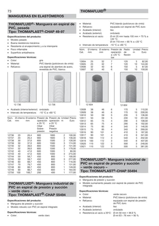 73
MANGUERAS EN ELASTÓMEROS
THOMAFLUID®
THOMAFLUID®- Manguera en espiral de
PVC, pesada
Tipo: THOMAPLAST®-CHAP 49-97
Especificaciones del producto:
• Modelo pesado
• Buena resistencia mecánica
• Resistente al envejecimiento y a la intemperie
• Poco inflamable
• Superficie antiadhesiva
Especificaciones técnicas:
• Color: gris
• Material: PVC blando (policloruro de vinilo)
• Refuerzo: una espiral de alambre de acero,
revestida de PVC, blanco
• Acabado (interior/exterior): ondulado
• Intervalo de temperatura: -10 °C a +60 °C
Núm. Ø-interno Ø-externo Presión de Presión de Unidad Precio
Cat. mm mm operación operación m Euro
a 20 °C a 20 °C
mbar mbar
Sobre- Presión
presión negativa
12736 20 26,4 900 1800 2 100,00
12737 20 26,4 900 1800 3 139,00
12738 30 37,0 800 1500 2 128,00
12739 30 37,0 800 1500 3 174,00
12740 32 39,0 800 1500 2 131,00
12741 32 39,0 800 1500 3 179,00
12742 40 47,0 600 1000 1 80,00
12743 40 47,0 600 1000 3 215,00
12744 50 58,7 450 800 1 100,00
12745 50 58,7 450 800 3 277,00
12746 60 68,7 450 800 1 116,00
12747 70 78,7 450 800 1 131,00
12748 80 88,7 450 800 1 149,00
12749 90 98,7 450 800 1 164,00
12750 100 108,7 200 400 1 177,00
THOMAFLUID®- Manguera industrial de
PVC en espiral de presión y succión
– verde claro –
Tipo: THOMAPLAST®-CHAP 55494
Especificaciones del producto:
• Manguera de presión y succión
• Modelo robusto con PVC en espiral integrado
Especificaciones técnicas:
• Color: verde claro
• Material: PVC blando (policloruro de vinilo)
• Refuerzo: equipada con espiral de PVC duro
• Acabado (interior): liso
• Acabado (exterior): ondulado
• Resistencia al vacío: Ø-int 25 mm hasta 100 mm = 70 % a
+20 °C;
Ø-int 110 mm = 60 % a +20 °C
• Intervalo de temperatura: -10 °C a +60 °C
Núm. Ø interno Ø externo Presión de Radio Unidad Precio
Cat. mm mm operación de m Euro
a +20 °C flexión
bar
12604 25 32 7 120 5 82,00
12605 25 32 7 120 10 144,00
12606 32 40 6 150 5 87,00
12607 32 40 6 150 10 159,00
12608 38 46 6 170 5 110,00
12609 38 46 6 170 10 200,00
12610 50 59 5 230 5 136,00
12611 50 59 5 230 10 251,00
12612 65 75 4 290 3 108,00
12613 65 75 4 290 6 192,00
12614 75 85 4 340 3 146,00
12615 75 85 4 340 6 269,00
12616 90 101 4 410 3 187,00
12617 90 101 4 410 6 341,00
12618 100 112 3 540 3 202,00
12619 100 112 3 540 6 407,00
12620 110 122 3 500 3 248,00
12621 110 122 3 500 5 381,00
THOMAFLUID®- Manguera industrial de
PVC en espiral de presión y succión
– verde oscuro –
Tipo: THOMAPLAST®-CHAP 55494
Especificaciones del producto:
• Manguera de presión y succión
• Modelo sumamente pesado con espiral de presión de PVC
integrada
Especificaciones técnicas:
• Color: verde oscuro
• Material: PVC blanco (policloruro de vinilo)
• Refuerzo: equipada con espiral de presión
de PVC duro
• Acabado (interior): liso
• Acabado (exterior): ondulado
• Resistencia al vacío a 20°C: Ø-int 50 mm = 99,9 %
Ø-int 63 - 76 mm = 90 %
12 604 12 60412 736 12 736
 