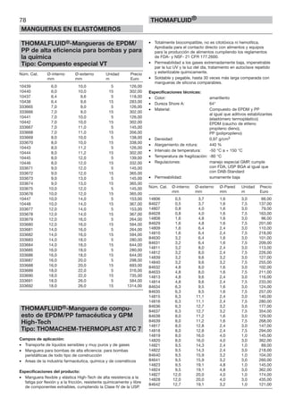 78
MANGUERAS EN ELASTÓMEROS
THOMAFLUID®
THOMALFLUID®-Mangueras de EPDM/
PP de alta eficiencia para bombas y para
la química
Tipo: Compuesto especial VT
Núm. Cat. Ø-interno Ø-externo Unidad Precio
mm mm m Euro
10439 6,0 10,0 5 126,00
10440 6,0 10,0 15 302,00
10437 6,4 9,6 5 118,00
10438 6,4 9,6 15 283,00
333665 7,0 9,0 5 126,00
333666 7,0 9,0 15 302,00
10441 7,0 10,0 5 126,00
10442 7,0 10,0 15 302,00
333667 7,0 11,0 5 145,00
333668 7,0 11,0 15 356,00
333669 8,0 10,0 5 138,00
333670 8,0 10,0 15 338,00
10443 8,0 11,2 5 126,00
10444 8,0 11,2 15 302,00
10445 8,0 12,0 5 139,00
10446 8,0 12,0 15 332,00
333671 9,0 12,0 5 145,00
333672 9,0 12,0 15 365,00
333673 9,0 13,0 5 145,00
333674 9,0 13,0 15 365,00
333675 10,0 12,0 5 145,00
333676 10,0 12,0 15 365,00
10447 10,0 14,0 5 153,00
10448 10,0 14,0 15 367,00
333677 12,0 14,0 5 153,00
333678 12,0 14,0 15 367,00
333679 12,0 16,0 5 264,00
333680 12,0 16,0 15 594,00
333681 14,0 16,0 5 264,00
333682 14,0 16,0 15 594,00
333683 14,0 18,0 5 280,00
333684 14,0 18,0 15 644,00
333685 16,0 18,0 5 280,00
333686 16,0 18,0 15 644,00
333687 16,0 20,0 5 298,00
333688 16,0 20,0 15 693,00
333689 18,0 22,0 5 316,00
333690 18,0 22,0 15 735,00
333691 18,0 26,0 5 584,00
333692 18,0 26,0 15 1314,00
THOMAFLUID®-Manguera de compu-
esto de EPDM/PP famacéutica y GPM
High-Tech
Tipo: THOMACHEM-THERMOPLAST ATC 7
Campos de aplicación:
• Transporte de líquidos sensibles y muy puros y de gases
• Manguera para bombas de alta eficiencia: para bombas
peristálticas de todo tipo de construcción
• Areas de la industria farmacéutica, química y de cosméticos
Especificaciones del producto:
• Manguera flexible y elástica High-Tech de alta resistencia a la
fatiga por flexión y a la fricción, resistente químicamente y libre
de componentes extraíbles, cumpliendo la Clase IV de la USP.
• Totalmente biocompatible, no es citotóxica ni hemolítica.
Aprobada para el contacto directo con alimentos y equipos
para la producción de alimentos cumpliendo los reglamentos
de FDA- y NSF- 21 CFR 177.2600.
• Permeabilidad a los gases extremadamente baja, impenetrable
par la luz UV y la luz del día, tratamiento en autoclave repetido
y esterilizable químicamente.
• Soldable y pegable, hasta 30 veces más larga comparada con
mangueras de silicona comparables.
Especificaciones técnicas:
• Color: amarillento
• Dureza Shore A: 64°
• Material: Compuesto de EPDM y PP
al igual que aditivos estabilizantes
(elastómero termoplástico)
EPDM (caucho de etileno
propileno dieno),
PP (polipropileno)
• Densidad: 0,97 g/cm3
• Alargamiento de rotura: 440 %
• Intervalo de temperatura: -50 °C a + 150 °C
• Temperatura de fragilización: -80 °C
• Regulaciones: manejo especial GMP, cumple
con FDA, USP BGA al igual que
con DAB-Standard
• Permeabilidad: sumamente baja
Núm. Cat. Ø-interno Ø-externo Ø-Pared Unidad Precio
mm mm mm m Euro
14806 0,5 3,7 1,6 3,0 66,00
84627 0,5 3,7 1,6 7,5 137,00
14807 0,8 4,0 1,6 3,0 79,00
84628 0,8 4,0 1,6 7,5 163,00
14808 1,6 4,8 1,6 3,0 96,00
84629 1,6 4,8 1,6 7,5 201,00
14809 1,6 6,4 2,4 3,0 110,00
14810 1,6 6,4 2,4 7,5 218,00
84630 3,2 6,4 1,6 3,0 101,00
84631 3,2 6,4 1,6 7,5 209,00
14811 3,2 8,0 2,4 3,0 113,00
14812 3,2 8,0 2,4 7,5 226,00
14839 3,2 9,6 3,2 3,0 127,00
14840 3,2 9,6 3,2 7,5 255,00
84632 4,8 8,0 1,6 3,0 102,00
84633 4,8 8,0 1,6 7,5 211,00
14813 4,8 9,6 2,4 3,0 116,00
14814 4,8 9,6 2,4 7,5 233,00
84634 6,3 9,5 1,6 3,0 124,00
84635 6,3 9,5 1,6 7,5 257,00
14815 6,3 11,1 2,4 3,0 140,00
14816 6,3 11,1 2,4 7,5 280,00
84636 6,3 12,7 3,2 3,0 177,00
84637 6,3 12,7 3,2 7,5 354,00
84638 8,0 11,2 1,6 3,0 129,00
84639 8,0 11,2 1,6 7,5 268,00
14817 8,0 12,8 2,4 3,0 147,00
14818 8,0 12,8 2,4 7,5 294,00
14819 8,0 16,0 4,0 1,0 145,00
14820 8,0 16,0 4,0 3,0 362,00
14821 9,5 14,3 2,4 1,0 89,00
14822 9,5 14,3 2,4 3,0 218,00
84640 9,5 15,9 3,2 1,0 104,00
84641 9,5 15,9 3,2 3,0 260,00
14823 9,5 19,1 4,8 1,0 145,00
14824 9,5 19,1 4,8 3,0 362,00
14827 12,0 20,0 4,0 1,0 174,00
14828 12,0 20,0 4,0 3,0 435,00
84642 12,7 19,1 3,2 1,0 121,00
 