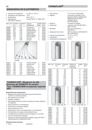 80
MANGUERAS EN ELASTÓMEROS
THOMAFLUID®
• Intervalo de temperatura: de -50°C a +150 °C
• Temperatura de fragilización: -75°C
• Esterilización: hasta 135 °C
• Regulaciones: cumple FDA § 177 .2800, USP
XXI, DAB 10, BGA XV
Núm. Cat. Ø-interno Ø-externo Guía de Unidad Precio
mm mm codificación Pieza Euro
339262 0,25 2,07 naranja-azul 3 66,00
339263 0,38 2,20 naranja-verde 3 66,00
339264 0,51 2,33 naranja-amarillo 3 66,00
339265 0,64 2,46 naranja-blanco 3 66,00
339266 0,76 2,44 negro-negro 3 66,00
339267 0,89 2,57 naranja-naranja 3 66,00
339268 1,02 2,70 blanco-blanco 3 66,00
339269 1,14 2,82 rojo-rojo 3 66,00
339270 1,3 2,98 gris-gris 3 66,00
339271 1,42 3,10 amarillo-amarillo 3 66,00
339272 1,52 3,20 amarillo-azul 3 66,00
339273 1,65 3,33 azul-azul 3 66,00
339274 1,85 3,53 verde-verde 3 66,00
339275 2,06 3,74 violeta-violeta 3 66,00
339276 2,29 3,97 violeta-negro 3 66,00
339277 2,54 4,22 violeta-naranja 3 66,00
339278 2,79 4,67 violeta-blanco 3 66,00
THOMAFLUID®- Manguera de alta
eficiencia de EPDM/PP de presión
Tipo: THOMACHEM-Compuesto especial
DRT
Especificaciones del producto:
• Manguera de impulsión de presión para funcionamiento
continuo con tejido de refuerzo
• Alta resistencia a la fricción
• Soldable y pegable
• Alta resistencia química contra la mayoría de medios orgánicos
e inorgánicos
• Buena resistencia a la temperatura
• Tratamiento en autoclave repetido
• Buena resistencia en frío
• Resistencia al ozono, al envejecimiento y a la intemperie
• Permeabilidad a los gases extremadamente baja
• Fisiológicamente inofensiva, libre de pirógenos, no es tóxica
• Libre de componentes extraíbles
• Cumple con las recomendaciones de BGA al igual que FDA- y
respectivamente los reglamentos USP
Especificaciones técnicas:
• Color: amarillento
• Dureza Shore: 73° conforme a DIN 53505
• Material: Compuesto de EPDM y PP al
igual que aditivos estabilizantes
EPDM (caucho de etileno
propileno dieno),
PP (Polipropileno)
• Refuerzo: Trenzado de poliéster
• Tolerancias: comforme a E2 DIN ISO 3302-1
(DIN 7715 E2)
• Densidad: 0,97 g/cm3 conforme a
DIN 53479 A
• Alargamiento de rotura: 400 % conforme a DIN 53504-S1
del material base
• Intervalo de temperatura: -50 °C a +140 °C
• Esterilizable: a 135 °C
• Temperatura de fragilización: -75 °C
Núm. Cat. Ø-interno Ø-externo Presión de Unidad Precio
mm mm operación m Euro
a 20°C bar
190821 3,0 8,0 60 5 93,00
190831 3,0 8,0 60 15 236,00
190841 4,0 9,0 60 5 113,00
190851 4,0 9,0 60 15 254,00
190861 5,0 10,0 60 5 121,00
190871 5,0 10,0 60 15 294,00
190881 6,0 11,5 60 5 141,00
190891 6,0 11,5 60 15 335,00
190901 6,0 12,0 60 5 156,00
190911 6,0 12,0 60 15 376,00
190921 6,0 12,5 60 5 162,00
190931 6,0 12,5 60 15 381,00
190941 7,0 13,0 60 5 162,00
190951 7,0 13,0 60 15 381,00
190961 8,0 14,5 60 5 190,00
190971 8,0 14,5 60 15 443,00
190981 9,5 16,0 60 5 218,00
190991 9,5 16,0 60 15 504,00
191001 10,0 18,0 40 5 218,00
191011 10,0 18,0 40 15 504,00
191021 12,0 19,0 40 5 218,00
191031 12,0 19,0 40 15 504,00
33 9262 19 0821 19 0821
19 1051 (véase Pág. 81) 19 1051 (véase Pág. 81)
 
