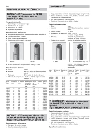 86
MANGUERAS EN ELASTÓMEROS
THOMAFLUID®
THOMAFLUID®-Manguera de EPDM
para vapor de alta temperatura
Tipo: CHAP 5130
Campos de aplicación:
• Centrales generadoras de energía
• Construcción de equipos
• Fabricación de turbinas
• Ingeniería de procesos
Especificaciones del producto:
• Mangueras de presión con óptima resistencia a la temperatura
• Transporte de vapor caliente
• Buen comportamiento elástico
• Muy buena resistencia a la intemperie
• Buena resistencia al envejecimiento, al frío y al calor
Especificaciones técnicas:
• Color: negro
• Material: EPDM (Caucho de etileno propileno
dieno)
• Refuerzo: 2 trenzados de alambre de acero
• Intervalo de temperatura: –40 °C a +100 °C; vapor saturado
hasta +210 °C
Núm. Ø interno Ø externo Presión de Radio Unidad Precio
Cat. mm mm operación de m Euro
a 210 °C flexión
bar mm
49292 13 25 18 130 1 69,00
49293 13 25 18 130 3 167,00
49460 16 28 18 160 1 87,00
49461 16 28 18 160 3 208,00
49462 19 33 18 190 1 95,00
49463 19 33 18 190 3 228,00
49464 25 40 18 250 1 123,00
49465 25 40 18 250 3 294,00
49466 32 48 18 320 1 167,00
49467 32 48 18 320 3 399,00
49478 38 54 18 380 1 205,00
49479 38 54 18 380 3 491,00
42980 50 68 18 500 1 248,00
42981 50 68 18 500 3 599,00
THOMAFLUID®-Manguera de succión
de EPDM antiestática para la química
Tipo: THOMAPLAST®-CHAP ED513-06
Especificaciones del producto:
• Manguera de presión robusta
• Caucho de calidad antiestática
• Manguera sintética resistente al agua caliente y al congelamiento
• Optima resistencia a muchas bases, ácidos y solventes polares
a excepción de aceites minerales
• Muy buena resistencia a la intemperie
• Resistente al envejecimiento, al frío y al calor
Especificaciones técnicas:
• Color: negro
• Material: EPDM (Caucho de etileno propileno
dieno)
• Dureza Shore A: 70° +/-5°
• Temperatura de operación: -35°C a +95°C,
por corto tiempo +120°C
• Refuerzo: Trenzado de poliéster, dos
cordones de cobre, cruzados
• Equipamiento especial: caucho de calidad antiestática
(interior y exterior), para dispersar
sobrecargas electrostáticas
producidas.
Núm. Ø interno Ø externo Presión de Radio Unidad Precio
Cat. mm mm operación de m Euro
a 20 °C flexión
bar mm
333693 19,0 31,0 16 125 1 132,00
333694 19,0 31,0 16 125 3 276,00
333695 19,0 31,0 16 125 5 320,00
333696 25,0 37,0 16 150 1 152,00
333697 25,0 37,0 16 150 3 312,00
333698 25,0 37,0 16 150 5 372,00
333699 32,0 44,0 16 175 1 170,00
333700 32,0 44,0 16 175 3 352,00
333701 32,0 44,0 16 175 5 416,00
333702 50,0 64,0 16 275 1 262,00
333703 50,0 64,0 16 275 3 544,00
333704 50,0 64,0 16 275 5 646,00
THOMAFLUID®- Manguera de succión y
vacío de EPDM antiestática para la
química
Tipo: THOMAPLAST®-CHAP ESD514-06
Especificaciones del producto:
• Manguera de succión y vacío robusta
• Caucho de calidad antiestática
• Manguera sintética resistente al agua caliente y al congelamiento
• Optima resistencia a muchas bases, ácidos y solventes polares
a excepción de aceites minerales
• Muy buena resistencia a la intemperie
• Resistente al envejecimiento, al frío y al calor
Especificaciones técnicas:
49 292 49 292 33 3693 33 3705 (véase Pág. 87)
 