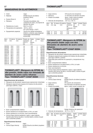 87
MANGUERAS EN ELASTÓMEROS
THOMAFLUID®
• Color: negro
• Material: EPDM (Caucho de etileno
propileno dieno)
• Dureza Shore A: 70° +/-5°
• Refuerzo: Trenzado de poliéster, dos
cordones de cobre, una espiral de
alambre de acero
• Resistencia al vacío: 99,9 % a 20°C
• Temperatura de operación: -35°C a +95°C,
por corto tiempo +120°C
• Equipamiento especial: caucho de calidad antiestática
(interior y exterior), para dispersar
sobrecargas electrostáticas
producidas
Núm. Ø interno Ø externo Presión de Radio Unidad Precio
Cat. mm mm operación de m Euro
a 20 °C flexión
bar mm
333705 19,0 31,0 16 125 1 170,00
333706 19,0 31,0 16 125 3 354,00
333707 19,0 31,0 16 125 5 420,00
333708 32,0 44,0 16 195 1 182,00
333709 32,0 44,0 16 195 3 396,00
333710 32,0 44,0 16 195 5 494,00
333711 38,0 51,0 16 230 1 194,00
333712 38,0 51,0 16 230 3 436,00
333713 38,0 51,0 16 230 5 530,00
333714 50,0 64,0 16 300 1 278,00
333715 50,0 64,0 16 300 3 578,00
333716 50,0 64,0 16 300 5 684,00
THOMAFLUID®- Manguera de EPDM de
alta presión, doble capa con trenzado de
alambre de acero como refuerzo
Tipo: THOMAPLAST®-CHAP 95594
Especificaciones del producto:
• Manguera de alta presión especial para operaciones industriales
• Manguera especial para equipos de limpieza de alta presión
para agua caliente y vapor
• Buen comportamiento elástico
• Buena resistencia al envejecimiento, al frío y al calor
• Buena resistencia a la fricción, buen pirorretardante
• Anima (Capa interna) resistente a vapor y agua caliente,
líquidos para frenos de glicol, muchas bases y ácidos al igual
que a solventes polares
Especificaciones técnicas:
• Color: negro
• Anima (Capa interna): EPDM (Caucho de etileno propileno
dieno)
• Capa externa: CR (caucho de cloropreno)
• Refuerzo: un trenzado de alambre de acero
• Presión de estalle: aprox. cuatro veces la presión
dinámica de operación
• Intervalo de temperatura: -40 °C a +155 °C
Núm. DN Ø interno Ø externo Presión Radio Unidad Precio
Cat. mm plg mm dinámica de m Euro
de flexión
operación mm
bar
13081 8 5/16 15,5 210 115 5 162,00
13082 8 5/16 15,5 210 115 10 297,00
THOMAFLUID®- Manguera de EPDM de
alta presión doble capa con dos
trenzados de alambre de acero como
refuerzo
Tipo: THOMAPLAST®-CHAP 95594
Especificaciones del producto:
• Manguera de alta presión especial para operaciones industriales
• Manguera especial para equipos de limpieza de alta presión
para agua caliente y presión
• Adecuada para presiones de operación y temperaturas muy
altas
• Buen comportamiento elástico
• Buena resistencia al envejecimiento, al frío y al calor
• Buena resistencia a la fricción
• Buen pirorretardante
• Anima (Capa interna) resistente a vapor y agua caliente,
líquidos para frenos de glicol, muchas bases y ácidos al igual
que a solventes polares
Especificaciones técnicas:
• Color: negro
• Anima (Capa interna): EPDM (Caucho de etileno propileno
dieno)
• Capa externa: CR (caucho de cloropreno)
• Refuerzo: dos trenzados de alambre de acero
• Presión de estalle: aprox. cuatro veces la presión de
trabajo dinámica de operación
• Intervalo de temperatura: -40 °C a +155 °C
Núm. DN Ø interno Ø externo Presión Radio Unidad Precio
Cat. mm plg mm dinámica de m Euro
de flexión
operación mm
bar
13083 8 5/16 16,5 310 115 3 177,00
13084 8 5/16 16,5 310 115 5 190,00
13085 10 3/8 19,5 310 130 3 136,00
13086 10 3/8 19,5 310 130 5 202,00
13 083 13 08313 081 13 081
 