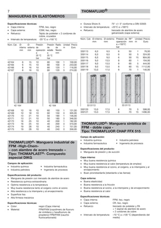 Especificaciones técnicas:
• Capa interna: FPM, liso, negro
• Capa externa: CSM, liso, negro
• Refuerzo: Tejido de poliéster + 2 cordones de
cobre, cruzados
• Intervalo de temperatura: -20 °C a +150 °C
Núm. Cat. Ø- Ø- Presión Presión Radio Unidad Precio
interno externo de de de m Euro
mm mm operación estalle flexión
a a mm
20 °C 20 °C
bar bar
42164 6 15 10 80 100 1 100,00
42165 6 15 10 80 100 3 243,00
42166 8 16 10 80 120 1 116,00
42167 8 16 10 80 120 3 274,00
42168 10 18 10 60 150 1 131,00
42169 10 18 10 60 150 3 305,00
42170 13 21 10 50 180 1 146,00
42171 13 21 10 50 180 3 346,00
42172 16 25 10 40 200 1 182,00
42173 16 25 10 40 200 3 310,00
42174 19 28 10 40 240 1 151,00
42175 19 28 10 40 240 3 356,00
THOMAFLUID®- Manguera industrial de
FPM -High-Chem-
– con alambre de acero trenzado –
Tipo: THOMAPLAST®- Compuesto
especial DIKG
Campos de aplicación:
• Industria química • Industria farmacéutica
• Industria petrolera • Ingeniería de procesos
Especificaciones del producto:
• Manguera de presión con trenzado de alambre de acero
• Resistencia química extraordinaria
• Optima resistencia a la temperatura
• Muy buena resistencia tanto al oxígeno como al ozono
• Alta resistencia a la intemperie y al envejecimiento
• Superficie lisa
• Alta firmeza mecánica
Especificaciones técnicas:
• Color: negro (Capa interna)
• Material: FPM/FKM (copolímero de fluoruro
de vinilideno y hexafluoruro de
propileno) FPM/FKM (caucho
fluorocarbonado)
• Dureza Shore A: 75° +/– 5° conforme a DIN 53505
• Intervalo de temperatura: –25°C a +180°C
• Refuerzo: trenzado de alambre de acero
galvanizado (capa externa)
Núm. Cat. Ø-interno Ø-externo Presión de RF* Unidad Precio
mm mm operación mm m Euro
a +150°C
bar
330113 6,0 9,5 6 50 1 76,00
330114 6,0 9,5 6 50 5 324,00
330115 6,0 9,5 6 50 15 804,00
330116 9,0 13,5 8 60 1 104,00
330117 9,0 13,5 8 60 5 444,00
330118 9,0 13,5 8 60 15 1112,00
330119 13,0 17,5 8 70 1 140,00
330120 13,0 17,5 8 70 5 598,00
330121 13,0 17,5 8 70 15 1496,00
THOMAFLUID®- Manguera sintética de
FPM - doble capa -
Tipo: THOMAFLUOR CHAP FFX 515
Campo de aplicación:
• Industria química • Industria petrolera
• Industria farmacéutica • Ingeniería de procesos
Especificaciones del producto:
• Manguera de presión y de succión
Capa interna:
• Muy buena resistencia química
• Muy buena resistencia al calor (temperatura de empleo)
• Muy buena resistencia al ozono, al oxígeno, a la intemperie y al
envejecimiento
• Buen pirorretardante (retardante a las llamas)
Capa externa:
• Buena elasticidad
• Buena resistencia a la fricción
• Buena resistencia al ozono, a la intemperie y de envejecimiento
• Buena resistencia al calor
Especificaciones técnicas:
• Capa interna: FPM, liso, negro
• Capa externa: CR, liso, negro
• Refuerzo: trenzado de poliéster y PA
+ 1 espiral de alambre de acero
+ 2 cordones de cobre
• Intervalo de temperatura: –10 °C a +130 °C (dependiendo del
medio)
7
MANGUERAS EN ELASTÓMEROS
THOMAFLUID®
42 164 42 164 33 0113 33 0113
 