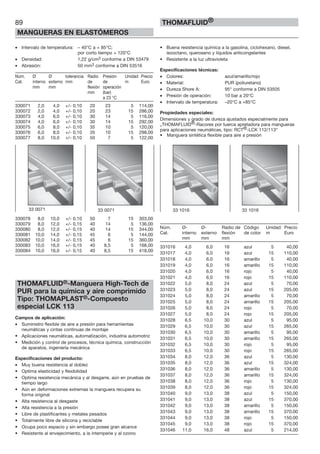 89
MANGUERAS EN ELASTÓMEROS
THOMAFLUID®
• Intervalo de temperatura: – 40°C a + 85°C;
por corto tiempo + 120°C
• Densidad: 1,22 g/cm3 conforme a DIN 53479
• Abrasión: 50 mm3 conforme a DIN 53516
Núm. Ø Ø tolerancia Radio Presión Unidad Precio
Cat. interno externo mm de de m Euro
mm mm flexión operación
mm (bar)
a 23 °C
330071 2,0 4,0 +/- 0,10 20 23 5 114,00
330072 2,0 4,0 +/- 0,10 20 23 15 286,00
330073 4,0 6,0 +/- 0,10 30 14 5 116,00
330074 4,0 6,0 +/- 0,10 30 14 15 292,00
330075 6,0 8,0 +/- 0,10 35 10 5 120,00
330076 6,0 8,0 +/- 0,10 35 10 15 298,00
330077 8,0 10,0 +/- 0,10 50 7 5 122,00
330078 8,0 10,0 +/- 0,10 50 7 15 303,00
330079 8,0 12,0 +/- 0,15 40 14 5 136,00
330080 8,0 12,0 +/- 0,15 40 14 15 344,00
330081 10,0 14,0 +/- 0,15 45 6 5 144,00
330082 10,0 14,0 +/- 0,15 45 6 15 360,00
330083 10,0 16,0 +/- 0,15 40 8,5 5 168,00
330084 10,0 16,0 +/- 0,15 40 8,5 15 418,00
THOMAFLUID®-Manguera High-Tech de
PUR para la química y aire comprimido
Tipo: THOMAPLAST®-Compuesto
especial LCK 113
Campos de aplicación:
• Suministro flexible de aire a presión para herramientas
neumáticas y cintas continuas de montaje
• Aplicaciones neumáticas, automatización, industria automotriz
• Medición y control de procesos, técnica química, construcción
de aparatos, ingeniería mecánica
Especificaciones del producto:
• Muy buena resistencia al doblez
• Optima elasticidad y flexibilidad
• Optima resistencia mecánica y al desgarre, aún en pruebas de
tiempo largo
• Aún en deformaciones extremas la manguera recupera su
forma original
• Alta resistencia al desgaste
• Alta resistencia a la presión
• Libre de plastificantes y metales pesados
• Totalmente libre de silicona y reciclable
• Ocupa poco espacio y sin embargo posee gran alcance
• Resistente al envejecimiento, a la intemperie y al ozono
• Buena resistencia química a la gasolina, ciclohexano, diesel,
isooctano, queroseno y líquidos anticongelantes
• Resistente a la luz ultravioleta
Especificaciones técnicas:
• Colores: azul/amarillo/rojo
• Material: PUR (poliuretano)
• Dureza Shore A: 95° conforme a DIN 53505
• Presión de operación: 10 bar a 20°C
• Intervalo de temperatura: –20°C a +85°C
Propiedades especiales:
Dimensiones y grado de dureza ajustados especialmente para
„THOMAFLUID®-Racores por tuerca apretadora para mangueras
para aplicaciones neumáticas, tipo: RCT®-LCK 112/113“
• Manguera sintética flexible para aire a presión
Núm. Ø- Ø- Radio de Código Unidad Precio
Cat. interno externo flexión de color m Euro
mm mm mm
331016 4,0 6,0 16 azul 5 40,00
331017 4,0 6,0 16 azul 15 110,00
331018 4,0 6,0 16 amarillo 5 40,00
331019 4,0 6,0 16 amarillo 15 110,00
331020 4,0 6,0 16 rojo 5 40,00
331021 4,0 6,0 16 rojo 15 110,00
331022 5,0 8,0 24 azul 5 70,00
331023 5,0 8,0 24 azul 15 205,00
331024 5,0 8,0 24 amarillo 5 70,00
331025 5,0 8,0 24 amarillo 15 205,00
331026 5,0 8,0 24 rojo 5 70,00
331027 5,0 8,0 24 rojo 15 205,00
331028 6,5 10,0 30 azul 5 95,00
331029 6,5 10,0 30 azul 15 265,00
331030 6,5 10,0 30 amarillo 5 95,00
331031 6,5 10,0 30 amarillo 15 265,00
331032 6,5 10,0 30 rojo 5 95,00
331033 6,5 10,0 30 rojo 15 265,00
331034 8,0 12,0 36 azul 5 130,00
331035 8,0 12,0 36 azul 15 324,00
331036 8,0 12,0 36 amarillo 5 130,00
331037 8,0 12,0 36 amarillo 15 324,00
331038 8,0 12,0 36 rojo 5 130,00
331039 8,0 12,0 36 rojo 15 324,00
331040 9,0 13,0 38 azul 5 150,00
331041 9,0 13,0 38 azul 15 370,00
331042 9,0 13,0 38 amarillo 5 150,00
331043 9,0 13,0 38 amarillo 15 370,00
331044 9,0 13,0 38 rojo 5 150,00
331045 9,0 13,0 38 rojo 15 370,00
331046 11,0 16,0 48 azul 5 214,00
33 0071 33 0071 33 1016 33 1016
 