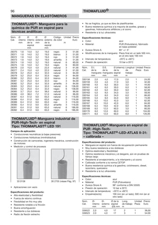 96
MANGUERAS EN ELASTÓMEROS
THOMAFLUID®
THOMAFLUID®- Manguera para la
química de PUR en espiral para
técnicas análíticas
Núm. Ø Ø Ø Ø Código Unidad Precio
Cat. interno interno externo externo de color Euro
mm de la mm de la m
espiral espiral
mm mm
28370 1,6 14,0 3,2 19,0 negro 3 51,00
28371 1,6 14,0 3,2 19,0 blanco 3 51,00
28372 1,6 14,0 3,2 19,0 rojo 3 51,00
28373 1,6 14,0 3,2 19,0 amarillo 3 51,00
28374 1,6 14,0 3,2 19,0 natural 6 80,00
28375 1,6 14,0 3,2 19,0 negro 6 80,00
28376 2,0 15,0 4,0 22,0 natural 3 61,00
28377 2,4 15,0 4,0 22,0 natural 3 61,00
28378 3,2 25,0 6,4 32,0 natural 3 84,00
28379 3,2 25,0 6,4 32,0 negro 3 84,00
28380 3,2 25,0 6,4 32,0 blanco 3 84,00
28381 3,2 25,0 6,4 32,0 rojo 3 84,00
28382 3,2 25,0 6,4 32,0 amarillo 3 84,00
28383 3,2 25,0 6,4 32,0 natural 6 138,00
28384 3,2 25,0 6,4 32,0 negro 6 138,00
28385 3,7 25,0 6,4 38,0 natural 3 96,00
28386 4,0 38,0 7,2 51,0 natural 3 96,00
28387 6,4 51,0 9,6 63,0 natural 3 116,00
28388 6,4 51,0 9,6 63,0 negro 3 116,00
28389 6,4 51,0 9,6 63,0 rojo 3 116,00
28390 6,4 51,0 9,6 63,0 amarillo 3 116,00
28391 6,4 51,0 9,6 63,0 natural 6 186,00
28392 6,4 51,0 9,6 63,0 negro 6 186,00
THOMAFLUID®-Manguera industrial de
PUR-High-Tech- en espiral
Tipo: THOMAPLAST® LED 191
Campos de aplicación:
• Conducciones neumáticas (a bajas presiones)
• Conducciones hidráulicas (minihidráulica)
• Construcción de carrocerías, ingeniería mecánica, construcción
de motores
• Medición y control de procesos
• Aplicaciones con vacío
Especificaciones del producto:
• Alta elasticidad y flexibilidad
• Fuerza de retorno continua
• Flexibilidad en frío muy alta
• Resistente notable a la fricción
• Buena amortiguación
• Resistente a los dobleces
• Radio de flexión estrecho
• No se fragiliza, ya que es libre de plastificantes
• Buena resistencia química a la mayoría de aceites, grasas y
gasolinas, hidrocarburos alifáticos y al ozono
• Resistente a la luz ultravioleta
Especificaciones técnicas:
• Color: azul
• Material: PUR (Poliuretano), fabricado
en base poliéster
• Dureza Shore A: 85° +/- 5°
• Modificaciones de la manguera: Pieza final en un lado 500 mm,
en el otro lado 100 mm
• Intervalo de temperatura: –20°C a +60°C
• Presión de operación: 10 bar a 20°C
Núm. D.I. D.E. Ø (interno) Longitud Unidad Precio
Cat. de la de la de la de Pieza Euro
manguera manguera espiral trabajo
mm mm mm m
330158 2,0 4,0 17,0 2,0 1 24,00
330159 2,0 4,0 17,0 3,0 1 32,00
330160 4,0 6,0 30,0 3,0 1 44,00
330161 4,0 6,0 30,0 6,0 1 58,00
330162 4,0 6,0 30,0 8,0 1 62,00
330163 5,0 8,0 34,0 3,0 1 58,00
330164 5,0 8,0 34,0 6,0 1 66,00
330165 5,0 8,0 34,0 8,0 1 74,00
330166 6,5 10,0 42,0 3,0 1 62,00
330167 6,5 10,0 42,0 6,0 1 84,00
330168 6,5 10,0 42,0 8,0 1 96,00
330169 8,0 12,0 60,0 3,0 1 80,00
330170 8,0 12,0 60,0 6,0 1 104,00
330171 8,0 12,0 60,0 8,0 1 126,00
THOMAFLUID®-Manguera en espiral de
PUR -High-Tech-
Tipo: THOMAPLAST®-LED-ATLAS II-31:
– calibrada –
Especificaciones del producto:
• Manguera en espiral con fuerza de recuperación permanente
• Muy buena resistencia a los dobleces
• Optima elasticidad y flexibilidad
• Optima resistencia mecánica y al desgarre, aún en pruebas de
tiempo largo
• Resistente al envejecimiento, a la intemperie y al ozono
• Calibrada conforme a la norma CETOP
• Buena resistencia química a la gasolina, ciclohexano, diesel,
isooctano, queroseno
• Resistente a la luz ultravioleta
Especificaciones técnicas:
• Color: azul
• Material: PUR (Poliuretano)
• Dureza Shore A: 98° conforme a DIN 53505
• Presión de operación: 10 bar a 20°C
• Intervalo de temperatura: –20°C a +60°C
• Empalme(recto): 100 mm (en un lado), 500 mm (en el
otro lado)
Núm. Ø- Ø- Ø de la Long. Unidad Precio
Cat. interno externo espiral de trabajo Pieza Euro
mm mm (DI) mm m
339522 2,0 4,0 17 2 1 38,00
339523 2,0 4,0 17 3 1 54,00
33 0158 30 2755 (véase Pág. 97)
 