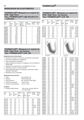 97
MANGUERAS EN ELASTÓMEROS
THOMAFLUID®
THOMAFLUID®-Manguera en espiral de
PUR -High-Tech-
Tipo: THOMAPLAST®-LED-ATLAS II-31:
– calibrada –
Núm. Ø- Ø- Ø de la Long. Unidad Precio
Cat. interno externo espiral de trabajo Pieza Euro
mm mm (DI) mm m
339524 4,0 6,0 30 3 1 72,00
339525 4,0 6,0 30 6 1 84,00
339526 4,0 6,0 30 8 1 90,00
339527 5,0 8,0 34 3 1 92,00
339528 5,0 8,0 34 6 1 96,00
339529 5,0 8,0 34 8 1 110,00
339530 6,5 10,0 42 3 1 105,00
339531 6,5 10,0 42 6 1 125,00
339532 6,5 10,0 42 8 1 140,00
339533 8,0 12,0 60 3 1 138,00
339534 8,0 12,0 60 6 1 156,00
339535 8,0 12,0 60 8 1 192,00
THOMAFLUID®- Manguera en espiral de
PUR -High-Tech- sin racores
Tipo: THOMAPLAST® LCK 108
Especificaciones del producto:
• Manguera en espiral con fuerza de recuperación permanente
• Muy buena resistencia a los dobleces
• Optima elasticidad y flexibilidad
• Optima resistencia mecánica y al desgarre, aún en pruebas de
tiempo largo
• Resistente al envejecimiento, a la intemperie y al ozono
• Calibrada conforme a la norma CETOP
• Buena resistencia química a la gasolina, ciclohexano, diesel,
isooctano, queroseno
• Resistente a la luz ultravioleta
Especificaciones técnicas:
• Color: azul, amarillo, rojo
• Material: PUR (Poliuretano)
• Dureza Shore A: 98° conforme a DIN 53505
• Presión de operación: 10 bar a 20°C
• Intervalo de temperatura: –20°C a +60°C
Acabado:
• Empalme (reducciones): 100 mm (en un lado), 500 mm
(en el otro lado)
Núm. Ø- Ø- Longitud D.E. Longitud Código Precio/
Cat. interno externo de de la del de color Pieza
mm mm trabajo espiral bloque Euro
m mm mm
302755 2,0 4,0 2 24 260 azul 38,00
302756 2,0 4,0 3 24 310 azul 54,00
302757 4,0 6,0 3 33 370 azul 80,00
302758 4,0 6,0 6 33 480 azul 82,00
302759 4,0 6,0 3 33 370 amarillo 80,00
302760 4,0 6,0 6 33 480 amarillo 82,00
302761 4,0 6,0 3 33 370 rojo 80,00
302762 4,0 6,0 6 33 480 rojo 82,00
302763 5,0 8,0 3 36 320 azul 92,00
302764 5,0 8,0 6 36 610 azul 98,00
THOMAFLUID®- Manguera en espiral de
PUR -High-Tech- sin racores
Tipo: THOMAPLAST® LCK 108
Núm. Ø- Ø- Longitud D.E. Longitud Código Precio/
Cat. interno externo de de la del de color Pieza
mm mm trabajo espiral bloque Euro
m mm mm
302765 5,0 8,0 3 36 320 amarillo 92,00
302766 5,0 8,0 6 36 610 amarillo 98,00
302767 5,0 8,0 3 36 320 rojo 92,00
302768 5,0 8,0 6 36 610 rojo 98,00
330799 6,5 10,0 3 52 320 azul 104,00
330800 6,5 10,0 6 52 550 azul 118,00
330801 6,5 10,0 8 52 660 azul 138,00
330802 6,5 10,0 3 52 320 amarillo 104,00
330803 6,5 10,0 6 52 550 amarillo 118,00
330804 6,5 10,0 8 52 660 amarillo 138,00
330805 6,5 10,0 3 52 320 rojo 104,00
330806 6,5 10,0 6 52 550 rojo 118,00
330807 6,5 10,0 8 52 660 rojo 138,00
330808 8,0 12,0 3 65 270 azul 118,00
330809 8,0 12,0 6 65 550 azul 138,00
330810 8,0 12,0 8 65 620 azul 164,00
330811 8,0 12,0 3 65 270 amarillo 118,00
330812 8,0 12,0 6 65 550 amarillo 138,00
330813 8,0 12,0 8 65 620 amarillo 164,00
330814 8,0 12,0 3 65 270 rojo 118,00
330815 8,0 12,0 6 65 550 rojo 138,00
330816 8,0 12,0 8 65 620 rojo 164,00
330817 9,0 13,0 3 68 280 azul 130,00
330818 9,0 13,0 6 68 640 azul 154,00
330819 9,0 13,0 8 68 700 azul 182,00
330820 9,0 13,0 3 68 280 amarillo 130,00
330821 9,0 13,0 6 68 640 amarillo 154,00
330822 9,0 13,0 8 68 700 amarillo 182,00
330823 9,0 13,0 3 68 280 rojo 130,00
330824 9,0 13,0 6 68 640 rojo 154,00
330825 9,0 13,0 8 68 700 rojo 182,00
330826 11,0 16,0 3 90 270 azul 204,00
330827 11,0 16,0 6 90 540 azul 264,00
330828 11,0 16,0 8 90 600 azul 316,00
330829 11,0 16,0 3 90 270 amarillo 204,00
330830 11,0 16,0 6 90 540 amarillo 264,00
330831 11,0 16,0 8 90 600 amarillo 316,00
330832 11,0 16,0 3 90 270 rojo 204,00
330833 11,0 16,0 6 90 540 rojo 264,00
330834 11,0 16,0 8 90 600 rojo 316,00
330835 13,0 19,0 3 125 210 azul 318,00
330836 13,0 19,0 6 125 480 azul 344,00
330837 13,0 19,0 8 125 550 azul 394,00
330839 13,0 19,0 3 125 210 amarillo 318,00
330840 13,0 19,0 6 125 480 amarillo 344,00
330841 13,0 19,0 8 125 550 amarillo 394,00
30 2755 30 2755
 