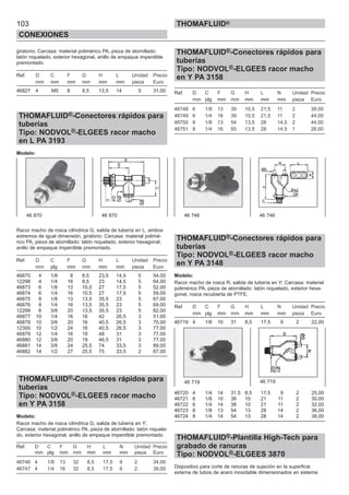 103
CONEXIONES
THOMAFLUID®
giratorio; Carcasa: material polimérico PA, pieza de atornillado:
latón niquelado, exterior hexagonal, anillo de empaque imperdible
premontado.
Ref. D C F G H L Unidad Precio
mm mm mm mm mm mm pieza Euro
46827 4 M5 8 8,5 13,5 14 5 31,00
THOMAFLUID®-Conectores rápidos para
tuberías
Tipo: NODVOL®-ELGEES racor macho
en L PA 3193
Modelo:
Racor macho de rosca cilíndrica G, salida de tubería en L, ambos
extremos de igual dimensión, giratorio; Carcasa: material polimé-
rico PA, pieza de atornillado: latón niquelado, exterior hexagonal,
anillo de empaque imperdible premontado.
Ref. D C F G H L Unidad Precio
mm plg mm mm mm mm pieza Euro
46870 4 1/8 8 8,5 23,5 14,5 5 54,00
12298 4 1/4 16 8,5 23 14,5 5 64,00
46873 6 1/8 13 10,5 27 17,5 5 52,00
46874 6 1/4 16 10,5 27 17,5 5 59,00
46875 8 1/8 13 13,5 35,5 23 5 67,00
46876 8 1/4 16 13,5 35,5 23 5 69,00
12299 8 3/8 20 13,5 35,5 23 5 82,00
46877 10 1/4 16 16 42 26,5 3 51,00
46878 10 3/8 20 16 40,5 26,5 3 70,00
12300 10 1/2 24 16 40,5 26,5 3 77,00
46879 12 1/4 16 19 48 31 3 77,00
46880 12 3/8 20 19 46,5 31 3 77,00
46881 14 3/8 24 25,5 74 33,5 3 89,00
46882 14 1/2 27 25,5 75 33,5 2 67,00
THOMAFLUID®-Conectores rápidos para
tuberías
Tipo: NODVOL®-ELGEES racor macho
en Y PA 3158
Modelo:
Racor macho de rosca cilíndrica G, salida de tubería en Y;
Carcasa: material polimérico PA, pieza de atornillado: latón niquela-
do, exterior hexagonal, anillo de empaque imperdible premontado.
Ref. D C F G H L N Unidad Precio
mm plg mm mm mm mm mm pieza Euro
46746 4 1/8 13 32 8,5 17,5 9 2 34,00
46747 4 1/4 16 32 8,5 17,5 9 2 39,00
THOMAFLUID®-Conectores rápidos para
tuberías
Tipo: NODVOL®-ELGEES racor macho
en Y PA 3158
Ref. D C F G H L N Unidad Precio
mm plg mm mm mm mm mm pieza Euro
46748 6 1/8 13 39 10,5 21,5 11 2 39,00
46749 6 1/4 16 39 10,5 21,5 11 2 44,00
46750 8 1/8 13 54 13,5 28 14,5 2 44,00
46751 8 1/4 16 55 13,5 28 14,5 1 26,00
THOMAFLUID®-Conectores rápidos para
tuberías
Tipo: NODVOL®-ELGEES racor macho
en Y PA 3148
Modelo:
Racor macho de rosca R, salida de tubería en Y; Carcasa: material
polimérico PA, pieza de atornillado: latón niquelado, exterior hexa-
gonal, rosca recubierta de PTFE.
Ref. D C F G H L N Unidad Precio
mm plg mm mm mm mm mm pieza Euro
46719 4 1/8 10 31 8,5 17,5 9 2 22,00
46720 4 1/4 14 31,5 8,5 17,5 9 2 25,00
46721 6 1/8 10 38 10 21 11 2 30,00
46722 6 1/4 14 38 10 21 11 2 32,00
46723 8 1/8 13 54 13 28 14 2 36,00
46724 8 1/4 14 54 13 28 14 2 38,00
THOMAFLUID®-Plantilla High-Tech para
grabado de ranuras
Tipo: NODVOL®-ELGEES 3870
Dispositivo para corte de ranuras de sujeción en la superficie
externa de tubos de acero inoxidable dimensionados en sistema
46 870 46 870 46 746 46 746
46 719 46 719
 