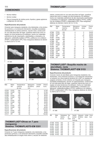 111
CONEXIONES
THOMAFLUID®
• técnica médica
• técnica nuclear
• Para el transporte de medios puros, líquidos y gases agresivos
y peligrosos de todo tipo.
Especificaciones del producto:
Conector para manguera resistente a los disolventes, a los produc-
tos químicos y a la extracción (lixiviación), boquillas acanaladas
antideslizantes en ambos extremos, sección recta; construcción
en una sola pieza libre de fugas, superficie interna lisa como un
espejo con poca tendencia a la adhesión, hecha con materiales
poliméricos de alto desempeño, esterilizables y orientados a la
aplicación: politetrafluoroetileno (PTFE), polifluoruro de vinilideno
(PVDF) o polipropileno (PP). Para mangueras elásticas de diámet-
ro interno de 4 a 12 mm.
Ref. Mate- Temperatura Manguera Unidad Precio
rial máxima Ø-interno pieza Euro
de uso mm
47303 PTFE 150 4 3 27,00
47304 PVDF 140 4 3 27,00
47305 PP 90 4 10 59,00
47306 PTFE 150 6 3 36,00
47307 PVDF 140 6 3 36,00
47308 PP 90 6 10 65,00
47309 PTFE 150 8 3 39,00
47310 PVDF 140 8 3 39,00
47311 PP 90 8 10 77,00
47312 PTFE 150 10 3 45,00
47313 PVDF 140 10 3 45,00
47314 PP 90 10 10 120,00
47315 PTFE 150 12 2 54,00
47316 PVDF 140 12 2 54,00
47317 PP 90 12 6 102,00
THOMAFLUID®-Olivas en T para
mangueras
Sistema: THOMAPLAST®-EM 5351
Especificaciones del producto:
Conector en T para mangueras resistente a los disolventes, a los
productos químicos y a la extracción (lixiviación), boquillas acanala-
das antideslizantes en ángulo recto entre sí, sección sin estrecha-
miento; construcción en una sola pieza libre de fugas, superficie
interna lisa como un espejo con poca tendencia a la adhesión,
hecha con materiales poliméricos de alto desempeño esterilizables
y orientados a la aplicación: politetrafluoroetileno (PTFE), polifluo-
ruro de vinilideno (PVDF) o polipropileno (PP). Para mangueras
elásticas de diámetro interno de 4 a 12 mm.
Ref. Mate- Temperatura Manguera Unidad Precio
rial máxima Ø-interno pieza Euro
de uso mm
47384 PTFE 150 4 3 54,00
47385 PVDF 140 4 3 54,00
47386 PP 90 4 10 86,00
47387 PTFE 150 6 3 78,00
47388 PVDF 140 6 3 78,00
47389 PP 90 6 10 134,00
47390 PTFE 150 8 3 105,00
47391 PVDF 140 8 3 105,00
47392 PP 90 8 8 124,00
47393 PTFE 150 10 2 93,00
47394 PVDF 140 10 2 93,00
47395 PP 90 10 6 120,00
47396 PTFE 150 12 2 124,00
47397 PVDF 140 12 2 124,00
47398 PP 90 12 6 150,00
THOMAFLUID®- Boquilla macho de
atornillado, recta
Sistema: THOMAPLAST®-EM 5153
Especificaciones del producto:
Conector macho de atornillado para mangueras resistente a los
disolventes, a los productos químicos y a la extracción (lixiviación),
un extremo con rosca externa cilíndrica (G) o NPT en medidas de
pulgada corrientes, el otro extremo con boquilla para manguera
acanalada antideslizante, sección sin estrechamiento; construcción
en una sola pieza libre de fugas, superficie interna lisa como un
espejo con poca tendencia a la adhesión, hecha con materiales
poliméricos de alto desempeño esterilizables y orientados a la
aplicación: politetrafluoroetileno (PTFE), polifluoruro de vinilideno
(PVDF) o polipropileno (PP). Para mangueras elásticas de diámet-
ro interno de 4 a 12 mm.
Ref. Mate- Temperatura Tipo Tamaño Manguera Unidad Precio
rial máxima de nominal Ø-interno pieza Euro
de uso rosca de la mm
rosca plg
47399 PTFE 150 G 1/8 4 3 30,00
47400 PTFE 150 G 1/8 6 3 39,00
47401 PTFE 150 G 1/8 8 3 39,00
47402 PTFE 150 G 1/4 4 3 39,00
47403 PTFE 150 G 1/4 6 3 39,00
47404 PTFE 150 G 1/4 8 3 42,00
47405 PTFE 150 G 1/4 10 3 51,00
47406 PTFE 150 G 1/4 12 2 59,00
47 303 47 303
47 384 47 384
47 399 47 399
 