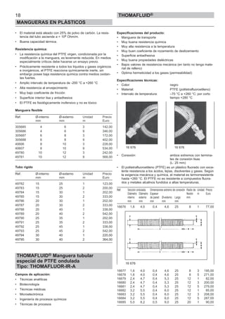 18
MANGUERAS EN PLÁSTICOS
THOMAFLUID®
• El material está aleado con 25% de polvo de carbón. La resis-
tencia del tubo asciende a < 106 Ohm/m.
• Buena capacidad térmica.
Resistencia química:
• La resistencia química del PTFE virgen, condicionada por la
modificación a la manguera, es levemente reducida. En medios
especialmente críticos debe hacerse un ensayo previo.
• Prácticamente resistente a todos los líquidos y gases orgánicos
e inorgánicos, el PTFE reacciona químicamente inerte, sin
embargo posee baja resistencia química contra medios oxidan-
tes fuertes.
• Amplio intervalo de temperatura de -200 °C a +260 °C
• Alta resistencia al envejecimiento
• Muy bajo coeficiente de fricción
• Superficie interior lisa y antiadhesiva
• El PTFE es fisiológicamente inofensivo y no es tóxico
Manguera flexible
Ref. Ø-interno Ø-externo Unidad Precio
mm mm m Euro
305685 4 6 3 142,00
305686 4 6 9 346,00
305687 6 8 3 172,00
305688 6 8 9 402,00
40606 8 10 3 228,00
40607 8 10 9 534,00
49780 10 12 3 242,00
49781 10 12 9 568,00
Tubo rígido
Ref. Ø-interno Ø-externo Unidad Precio
mm mm m Euro
49782 15 25 1 123,00
49783 15 25 2 200,00
49784 15 30 1 202,00
49785 15 30 2 333,00
49786 20 30 1 202,00
49787 20 30 2 333,00
49788 20 40 1 338,00
49789 20 40 2 542,00
49790 25 35 1 202,00
49791 25 35 2 333,00
49792 25 45 1 338,00
49793 25 45 2 542,00
49794 30 40 1 220,00
49795 30 40 2 364,00
THOMAFLUID® Manguera tubular
especial de PTFE ondulada
Tipo: THOMAFLUOR-IR-A
Campos de aplicación:
• Técnicas analíticas
• Biotecnología
• Técnicas médicas
• Microelectrónica
• Ingeniería de procesos químicos
• Técnicas de procesos
Especificaciones del producto:
• Manguera de transporte
• Muy buena resistencia química
• Muy alta resistencia a la temperatura
• Muy buen coeficiente de rozamiento de deslizamiento
• Superficie antiadhesiva
• Muy buena propiedades dieléctricas
• Bajos valores de resistencia mecánica (en tanto no tenga mate-
rial de relleno)
• Optima hermeticidad a los gases (permeabilidad)
Especificaciones técnicas:
• Color: negro
• Material: PTFE (politetrafluoroetileno)
• Intervalo de temperatura: –70 °C a +260 °C; por corto
tiempo +280 °C
• Conexión: ambos extremos con termina-
les de conexión lisas
(L: 25 mm)
• El politetrafluoroetileno (PTFE) es un plástico fluorado con exce-
lente resistencia a los ácidos, lejías, disolventes y gases. Según
la exigencia mecánica y química, el material es termorresistente
hasta +260 °C. El PTFE no es resistente a compuestos fluora-
dos y metales alcalinos fundidos a altas temperaturas.
Ref. Sección ondulada Dimensiones extremo de conexión Radio de Unidad Precio
Diámetro Diámetro Espesor flexión m Euro
interno externo de pared Ø-externo Largo mm
mm mm mm mm mm
16676 1,6 4,0 0,4 4,6 25 8 1 77,00
16677 1,6 4,0 0,4 4,6 25 8 3 195,00
16678 1,6 4,0 0,4 4,6 25 8 5 271,00
16679 2,4 4,7 0,4 5,3 25 12 1 82,00
16680 2,4 4,7 0,4 5,3 25 12 3 200,00
16681 2,4 4,7 0,4 5,3 25 12 5 279,00
16682 3,2 5,5 0,4 6,0 25 12 1 85,00
16683 3,2 5,5 0,4 6,0 25 12 3 208,00
16684 3,2 5,5 0,4 6,0 25 12 5 287,00
16685 5,0 8,2 0,5 9,0 25 20 1 90,00
16 676 16 676
16 676
 