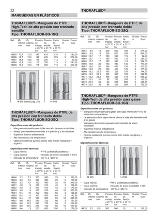 22
MANGUERAS EN PLÁSTICOS
THOMAFLUID®
THOMAFLUID®- Manguera de PTFE
High-Tech de alta presión con trenzado
sencillo
Tipo: THOMAFLUOR-SO-1SQ
Ref. Ø- Ø- Presión Presión Radio Unidad Precio
interno externo de de de m Euro
mm mm trabajo estalle flexión
a 20 °C a 20 °C a 20 °C
bar bar mm
14985 12,7 15,5 145 435 125 3 182,00
14986 12,7 15,5 145 435 125 5 274,00
14987 15,8 18,5 115 350 115 1 90,00
14988 15,8 18,5 115 350 115 3 241,00
14989 15,8 18,5 115 350 115 5 364,00
THOMAFLUID®- Manguera de PTFE de
alta presión con trenzado doble
Tipo: THOMAFLUOR-SO-2SQ
Especificaciones del producto:
• Manguera de presión con doble trenzado de acero inoxidable
• Ideada para resistencia elevada a la presión y a los dobleces
• Superficie interior antiadhesiva
• Alta resistencia a la temperatura
• Optima resistencia química contra todo medio inorgánico y
orgánico
Especificaciones técnicas:
• Capa interna: PTFE (politetrafluoroetileno)
• Capa externa: trenzado de acero inoxidable 1.4301
• Intervalo de temperatura: -60 °C a +260 °C
Ref. Ø- Ø- Presión Presión Radio Unidad Precio
interno externo de de de m Euro
mm mm trabajo estalle flexión
a 20 °C a 20 °C a 20 °C
bar bar mm
14948 3,2 7,5 330 980 25 3 110,00
14949 3,2 7,5 330 980 25 5 169,00
14950 3,2 7,5 330 980 25 10 310,00
14951 4,8 9 310 910 45 3 116,00
14952 4,8 9 310 910 45 5 177,00
14953 4,8 9 310 910 45 10 325,00
14954 6,4 10 300 900 65 3 126,00
14955 6,4 10 300 900 65 5 192,00
14956 6,4 10 300 900 65 10 348,00
14957 8,0 11,5 240 720 95 3 151,00
14958 8,0 11,5 240 720 95 5 228,00
14959 8,0 11,5 240 720 95 10 417,00
14960 9,6 13 200 600 100 3 179,00
THOMAFLUID®- Manguera de PTFE de
alta presión con trenzado doble
Tipo: THOMAFLUOR-SO-2SQ
Ref. Ø- Ø- Presión Presión Radio Unidad Precio
interno externo de de de m Euro
mm mm trabajo estalle flexión
a 20 °C a 20 °C a 20 °C
bar bar mm
14961 9,6 13 200 600 100 5 271,00
14962 9,6 13 200 600 100 10 499,00
14963 12,7 17 180 540 115 1 92,00
14964 12,7 17 180 540 115 3 254,00
14965 12,7 17 180 540 115 5 384,00
14966 15,8 20 160 480 135 1 113,00
14967 15,8 20 160 480 135 3 310,00
14968 15,8 20 160 480 135 5 471,00
14969 19,2 23,5 105 325 170 1 144,00
14970 19,2 23,5 105 325 170 3 392,00
14971 19,2 23,5 105 325 170 5 596,00
14972 25,5 30 85 255 280 1 182,00
14973 25,5 30 85 255 280 3 496,00
14974 25,5 30 85 255 280 5 755,00
THOMAFLUID®- Manguera de PTFE
High-Tech de alta presión para gases
Tipo: THOMAFLUOR-SO-1GQ
Especificaciones del producto:
• Manguera de presión para gases con capa interna de PTFE de
moléculas compactadas
• La estructura de la capa interna ofrece la más alta hermeticidad
a los gases
• Manguera de presión equipada con trenzado de acero
inoxidable
• Superficie interior antiadhesiva
• Alta resistencia a la temperatura
• Optima resistencia química contra todo medio inorgánico y
orgánico
Especificaciones técnicas:
• Capa interna: PTFE (politetrafluoroetileno)
• Capa externa: trenzado de acero inoxidable 1.4301
• Intervalo de temperatura: -60 °C a +260 °C
Ref. Ø- Ø- Presión Presión Radio Unidad Precio
interno externo de de de m Euro
mm mm trabajo estalle flexión
a 20 °C a 20 °C a 20 °C
bar bar mm
14933 3,2 6,5 300 900 25 3 151,00
14 975 (vease pág. 21) 14 948
14 933 14 933
 