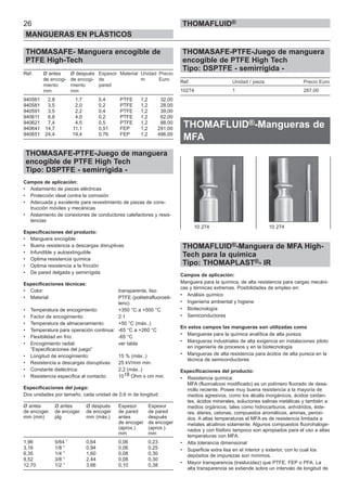 26
MANGUERAS EN PLÁSTICOS
THOMAFLUID®
THOMASAFE- Manguera encogible de
PTFE High-Tech
Ref. Ø antes Ø después Espesor Material Unidad Precio
de encogi- de encogi- de m Euro
miento miento pared
mm mm
940561 2,8 1,7 0,4 PTFE 1,2 32,00
940581 3,5 2,0 0,2 PTFE 1,2 28,00
940591 3,5 2,2 0,4 PTFE 1,2 39,00
940611 6,8 4,0 0,2 PTFE 1,2 62,00
940621 7,4 4,5 0,5 PTFE 1,2 88,00
940641 14,7 11,1 0,51 FEP 1,2 291,00
940651 24,4 19,4 0,76 FEP 1,2 496,00
THOMASAFE-PTFE-Juego de manguera
encogible de PTFE High Tech
Tipo: DSPTFE - semirrígida -
Campos de aplicación:
• Aislamiento de piezas eléctricas
• Protección ideal contra la corrosión
• Adecuada y excelente para revestimiento de piezas de cons-
trucción móviles y mecánicas
• Aislamiento de conexiones de conductores calefactores y resis-
tencias
Especificaciones del producto:
• Manguera encogible
• Buena resistencia a descargas disruptivas
• Infundible y autoextinguible
• Optima resistencia química
• Optima resistencia a la fricción
• De pared delgada y semirrígida
Especificaciones técnicas:
• Color: transparente, liso
• Material: PTFE (politetrafluoroeti-
leno)
• Temperatura de encogimiento: +350 °C a +500 °C
• Factor de encogimiento: 2:1
• Temperatura de almacenamiento: +50 °C (máx..)
• Temperatura para operación continua: -65 °C a +260 °C
• Flexibilidad en frío: -65 °C
• Encogimiento radial: ver tabla
”Especificaciones del juego”
• Longitud de encogimiento: 15 % (máx..)
• Resistencia a descargas disruptivas: 25 kV/mm min.
• Constante dieléctrica: 2,2 (máx..)
• Resistencia específica al contacto: 1018 Ohm x cm min.
Especificaciones del juego:
Dos unidades por tamaño, cada unidad de 0,6 m de longitud:
Ø antes Ø antes Ø después Espesor Espesor
de encoger. de encoger. de encoger de pared de pared
mm (min) plg mm (máx.) antes después
de encoger de encoger
(aprox.) (aprox.)
mm mm
1,96 5/64 ” 0,64 0,06 0,23
3,16 1/8 ” 0,94 0,06 0,25
6,35 1/4 ” 1,60 0,08 0,30
9,52 3/8 ” 2,44 0,08 0,30
12,70 1/2 ” 3,66 0,10 0,38
THOMASAFE-PTFE-Juego de manguera
encogible de PTFE High Tech
Tipo: DSPTFE - semirrígida -
Ref. Unidad / pieza Precio Euro
10274 1 287,00
THOMAFLUID®-Mangueras de
MFA
THOMAFLUID®-Manguera de MFA High-
Tech para la química
Tipo: THOMAPLAST®- IR
Campos de aplicación:
Manguera para la química, de alta resistencia para cargas mecáni-
cas y térmicas extremas. Posibilidades de empleo en:
• Análisis químico
• Ingeniería ambiental y higiene
• Biotecnología
• Semiconductores
En estos campos las mangueras son utilizadas como
• Mangueras para la química analítica de alta pureza
• Mangueras industriales de alta exigencia en instalaciones piloto
en ingeniería de procesos y en la biotecnología
• Mangueras de alta resistencia para ácidos de alta pureza en la
técnica de semiconductores
Especificaciones del producto:
• Resistencia química:
MFA (fluoroalcoxi modificado) es un polímero fluorado de desa-
rrollo reciente. Posee muy buena resistencia a la mayoría de
medios agresivos, como los álcalis inorgánicos, ácidos oxidan-
tes, ácidos minerales, soluciones salinas metálicas y también a
medios orgánicos, tales como hidrocarburos, anhídridos, éste-
res, éteres, cetonas, compuestos aromáticos, aminas, peróxi-
dos. A altas temperaturas el MFA es de resistencia limitada a
metales alcalinos solamente. Algunos compuestos fluorohaloge-
nados y con fósforo tampoco son apropiados para el uso a altas
temperaturas con MFA.
• Alta tolerancia dimensional
• Superficie extra lisa en el interior y exterior, con lo cual los
depósitos de impurezas son mínimos.
• Mayor transparencia (traslucidez) que PTFE, FEP o PFA. La
alta transparencia se extiende sobre un intervalo de longitud de
10 274 10 274
 