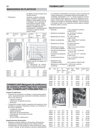 38
MANGUERAS EN PLÁSTICOS
THOMAFLUID®
de higiene 3-A para equipos de la
industria lechera
• Resistencia: resistente a agentes oxidantes,
ácidos, alcoholes, compuestos
alifáticos, bases débiles, cloruros
y halógenos. No es resistente al
ácido sulfúrico fumante, bases
concentradas calientes, metales
alcalinos, dimetilformamida,
dimetilsulfóxido, dimetilacetamida,
ni tampoco a algunas aminas
básicas fuertes.
Ref. Ø-interno Ø-externo Longitud Ø Precio/
mm mm de externo pieza
trabajo m mm Euro
338711 4,0 6,0 2,5 40 74,00
338712 4,0 6,0 6,0 40 120,00
338713 6,0 8,0 2,5 50 92,00
338714 6,0 8,0 6,0 50 156,00
338715 10,0 12,0 2,5 110 132,00
338716 10,0 12,0 6,0 110 248,00
THOMAFLUID®-Manguera de polifluoruro
de vinilideno (PVDF) High-Tech ondulada
Tipo: THOMAPLAST®-FRW-4090 PVD
Campos de aplicación:
• Protección de conductos en montajes y construcciones estacio-
narias, especialmente bajo condiciones ambientales desfavora-
bles, en los campos de
- ingeniería mecánica
- construcción de aparatos químicos
- electrónica
• Transporte de medios líquidos y gaseosos tanto agresivos como
sensibles en aparatos y dispositivos móviles y con vibración en
los campos siguientes:
- investigación ambiental
- análisis ambiental
- fabricación de semiconductores
- automatización de procesos químicos
- biotecnología
- técnica nuclear y radioquímica
Especificaciones del producto:
• Manguera ondulada estable a la temperatura, fabricada del
material fluorocarbonado polifluoruro de vinilideno (PVDF)
piroretardante y de alta resistencia, teñido transparente, negro
o marrón. Flexible, de alta resistencia mecánica, especialmente
con resistencia sobresaliente a la fricción y tenaz al impacto aún
a bajas temperaturas, propiedades eléctricas favorables, bio-
compatible, esterilizable a +121 °C. Optima resistencia química
a casi cualquier medio agresivo, tales como halógenos, ozono,
ácidos y lejías fuertes, disolventes, como los hidrocarburos aro-
máticos; uso limitado en disolventes alifáticos, como la acetona
y el acetato de etilo, no es resistente al ácido sulfúrico fumante,
anhídrido acético y aminas.
Especificaciones técnicas:
• Densidad: 1,78 a 2,00 g/cm3 conforme
a DIN 53 479
• Resistencia al desgarre: 40 - 60 N/mm2 conforme
a DIN 53 455
• Alargamiento de rotura: 20 - 30% conforme
a DIN 53 455
• Módulo de elasticidad: 1800 - 3300 N/mm2 conforme
a DIN 53 457
• Resistencia al choque: sin rotura conforme
a DIN 53 453
• Resistencia al choque hasta 10 sin rotura conforme
en la probeta entallada: a DIN 53 453
• Intervalo de temperatura -40 °C a +140 °C conforme
de empleo: a DIN 53 446
• Coeficiente de dilatación 0,8 - 1,4 x 10-4 x K-1 conforme
térmica: a DIN 52 523
• Conductividad térmica: 0,12 - 0,19 W/mK conforme
a DIN 52 612
• Resistencia a las
corrientes de fuga: KA1 conforme a DIN 53 480
• Resistencia a descargas 60 - 100 kV/mm conforme
disruptivas: a DIN 53 481
Ref. DN Ø- Ø- Radio Peso Teñido Unidad Precio
interno externo de métrico m Euro
mm mm flexión g
mm
43388 8,5 8,3 11,3 32 38 transp. 1 38,00
43389 8,5 8,3 11,3 32 38 transp. 5 120,00
43390 8,5 8,3 11,3 32 38 transp. 10 161,00
43400 13 12,3 15,6 45 74 transp. 1 43,00
43401 13 12,3 15,6 45 74 transp. 5 140,00
43402 13 12,3 15,6 45 74 transp. 10 181,00
43403 14 13,9 18,3 50 82 transp. 1 53,00
43404 14 13,9 18,3 50 82 transp. 5 152,00
43409 17 16,2 20,7 55 95 transp. 1 68,00
43421 11 10,4 13,4 40 46 negro 1 42,00
43422 11 10,4 13,4 40 46 negro 5 132,00
43423 11 10,4 13,4 40 46 negro 10 170,00
43436 17 16,2 20,7 55 95 negro 1 68,00
43437 17 16,2 20,7 55 95 negro 5 193,00
43438 17 16,2 20,7 55 95 negro 10 276,00
33 8711 Relación presión de trabajo con
temperatura.
Las indicaciones de presión
valen únicamente para la man-
guera y no para las conexiones.
43 388 43 409
Presiónenbar
Temperatura en °C
 